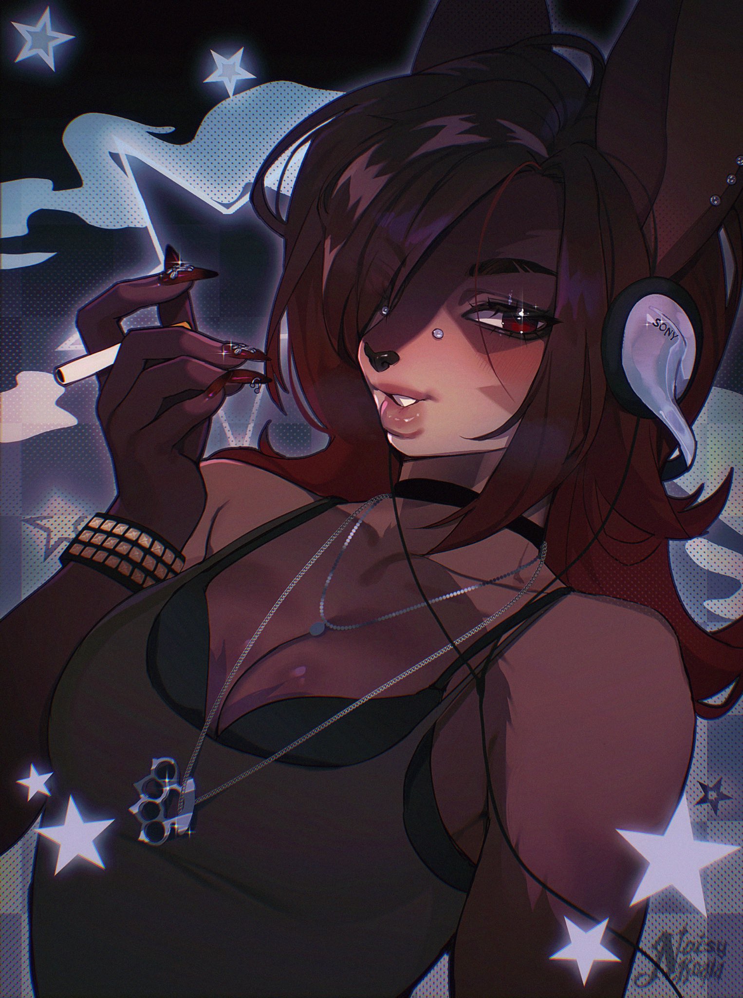 noisykoala, original, sony, commentary, commission, english commentary, highres, 1girl, animal ear piercing, animal ears, artist name, behind-the-head headphones, black bra, black choker, bra, bra peek, bracelet, brass knuckles, breasts, bridge piercing, brown hair, brown tank top, checkered background, choker, cigarette, cleavage, colored skin, dark background, dark skin, dutch angle, eyebrow cut, eyes visible through hair, eyeshadow, face piercing, film grain, fingernails, flipped hair, gem-studded nails, gradient background, gradient hair, hair over one eye, halftone, halftone background, headphones, holding, holding cigarette, jewelry, light blush, long fingernails, long hair, looking to the side, makeup, medium breasts, multicolored hair, multicolored skin, nail art, necklace, outer glow, parted lips, piercing, portrait, rabbit ears, rabbit girl, red eyes, red hair, red nails, smoke, smokey eyeshadow, sparkle, sparkling eyes, star (symbol), studded bracelet, tank top, thick eyebrows, thick lips, two-tone skin, underwear, weapon, y2k fashion