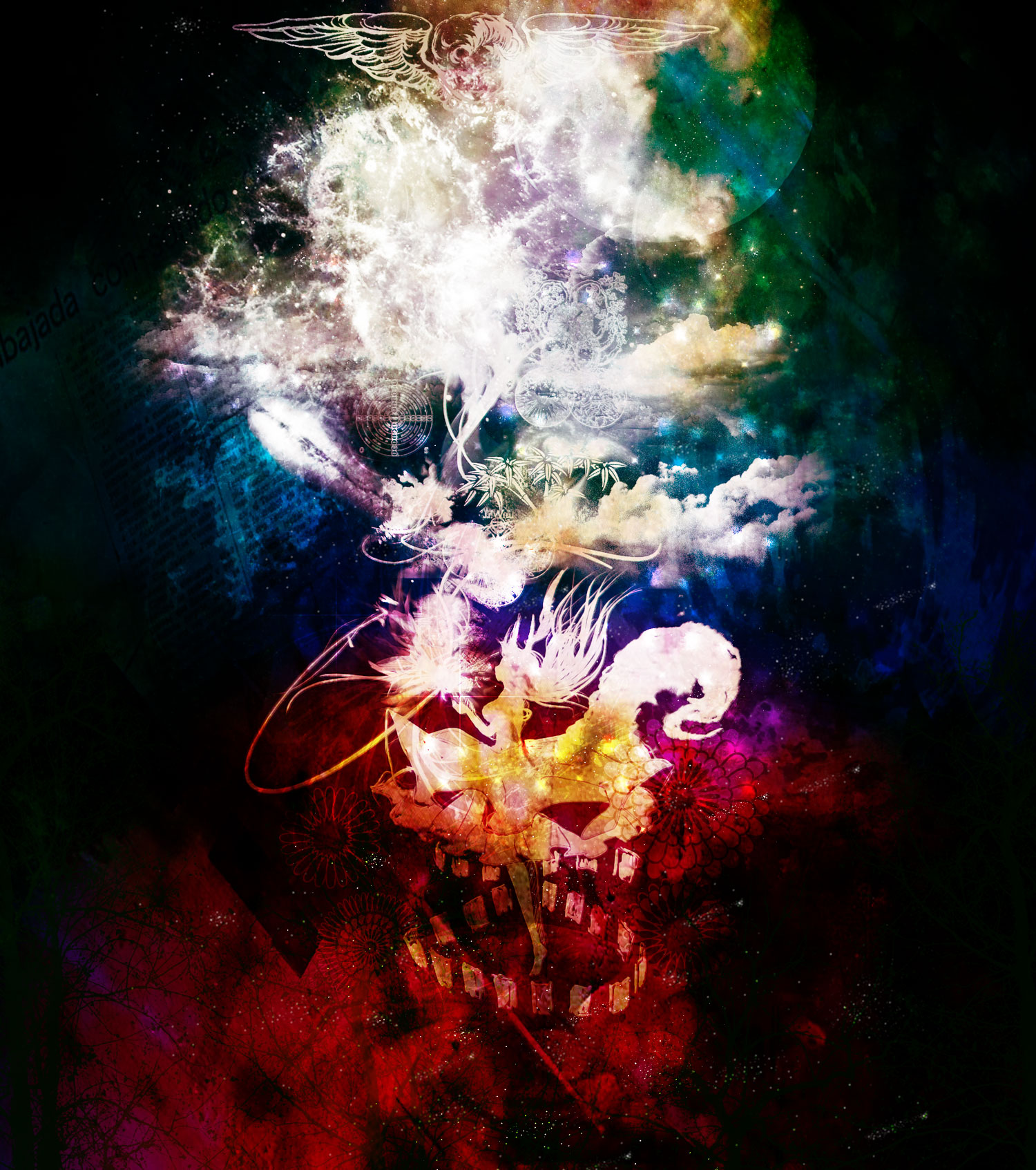 destroyb, ex-keine, kamishirasawa keine, touhou, bad id, bad pixiv id, highres, 1girl, abstract, book, female focus, horns, moon, silhouette, solo, surreal, tail, wings