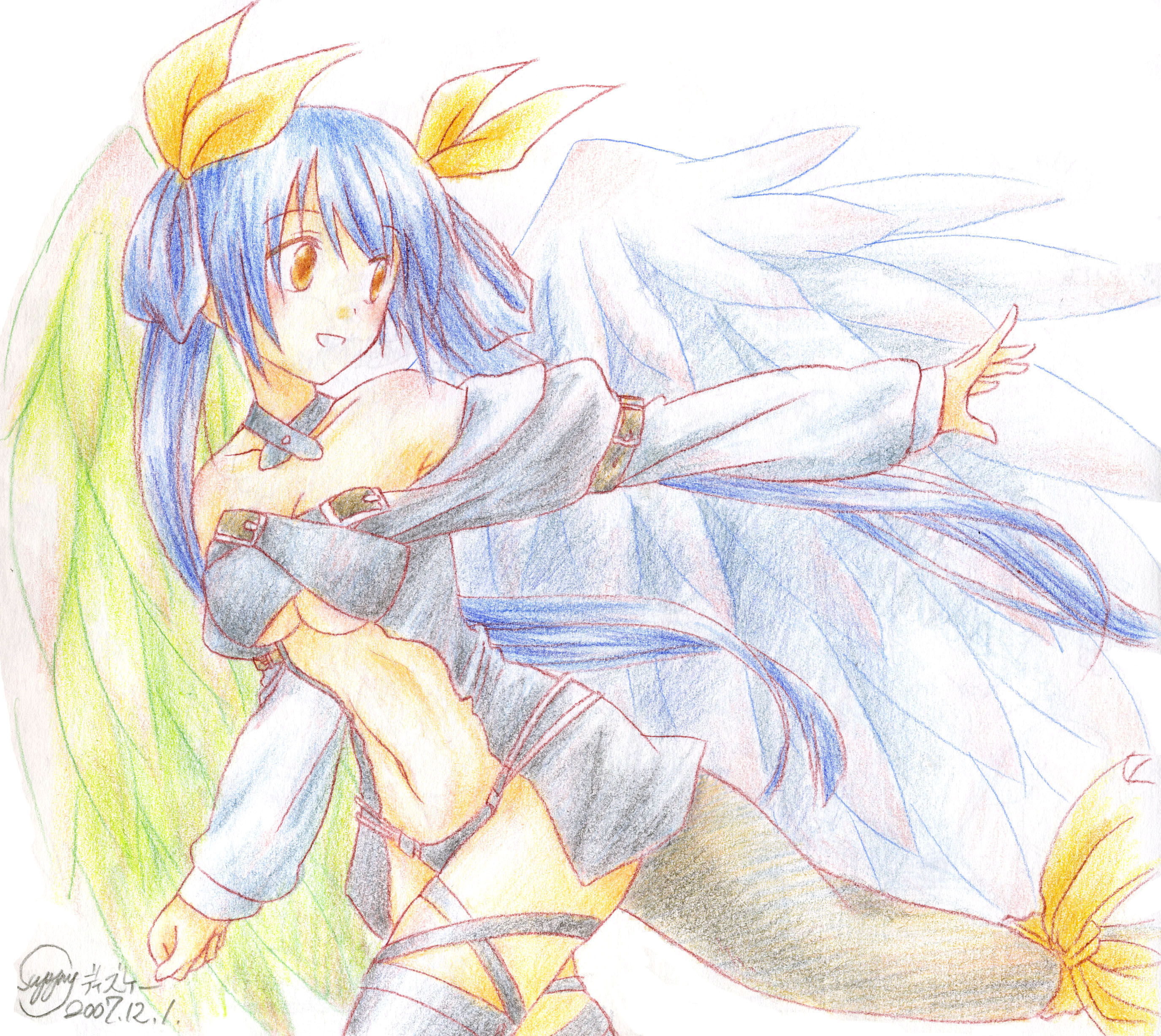suppy, dizzy (guilty gear), arc system works, guilty gear, absurdres, bad id, bad pixiv id, colored pencil (medium), highres, traditional media, 1girl, asymmetrical wings, bare shoulders, blue hair, bow, breasts, female focus, hair bow, large breasts, looking back, midriff, ribbon, smile, solo, tail, tail ornament, tail ribbon, twintails, underboob, wings
