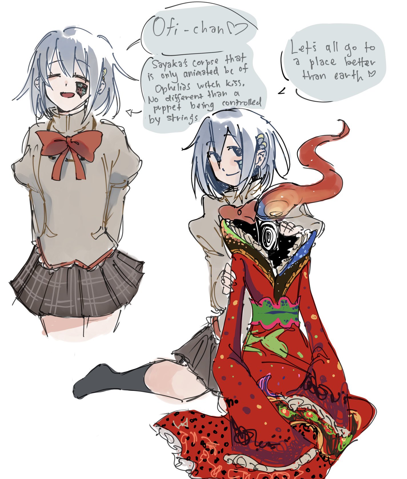 mermaidcandle, miki sayaka, ophelia (madoka magica), mahou shoujo madoka magica, highres, arms behind back, behind another, blue hair, bow, bowtie, closed eyes, cowboy shot, english text, facing viewer, fiery hair, hand on another's arm, heart, mitakihara school uniform, open mouth, red bow, red bowtie, school uniform, short hair, sitting, sketch, smile, speech bubble, spoken heart, white background, witch (madoka magica), yokozuwari, yuri