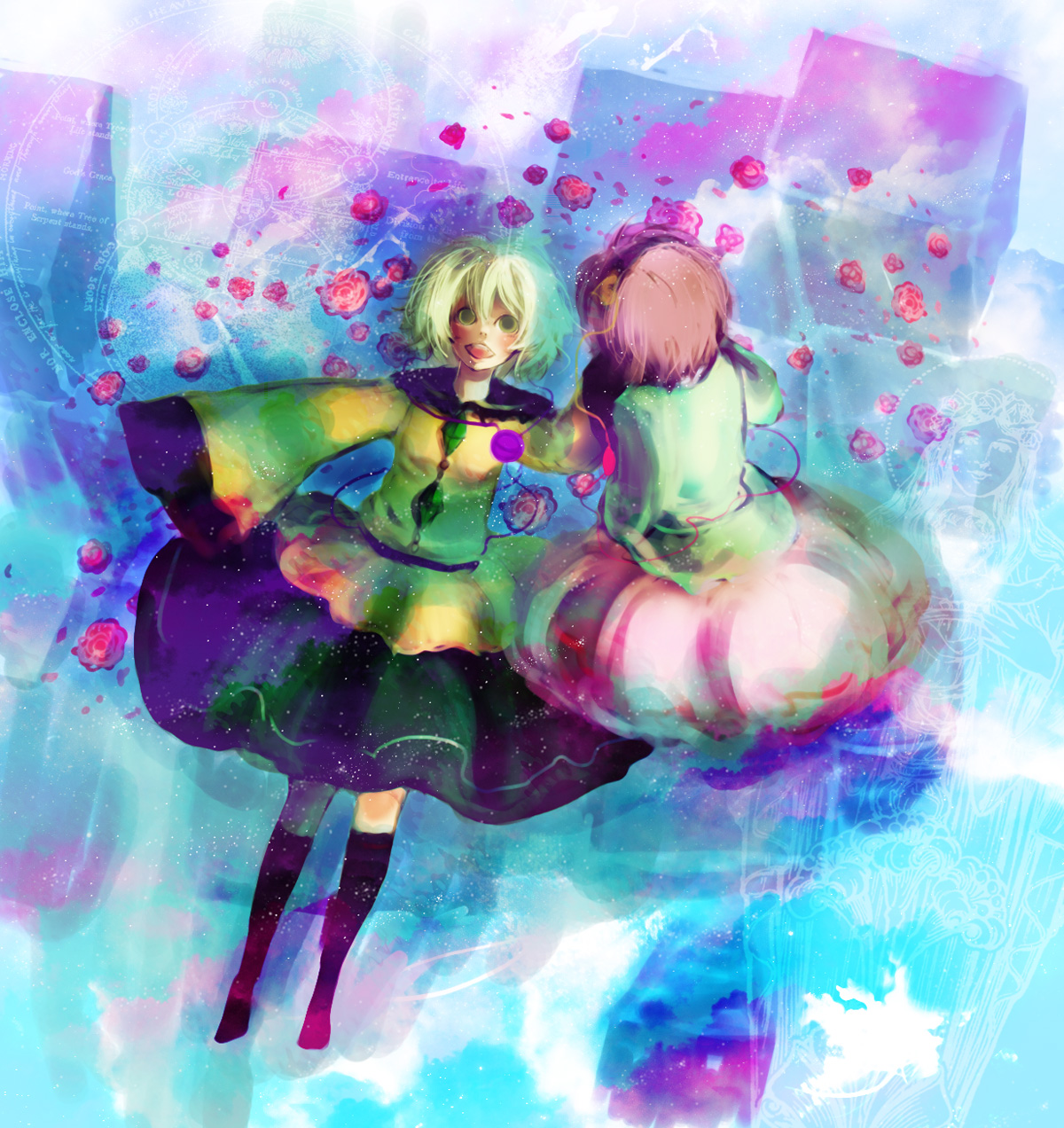 destroyb, komeiji koishi, komeiji satori, touhou, bad id, bad pixiv id, highres, 2girls, female focus, flower, lying, magic circle, multiple girls, rose, siblings, sisters, socks