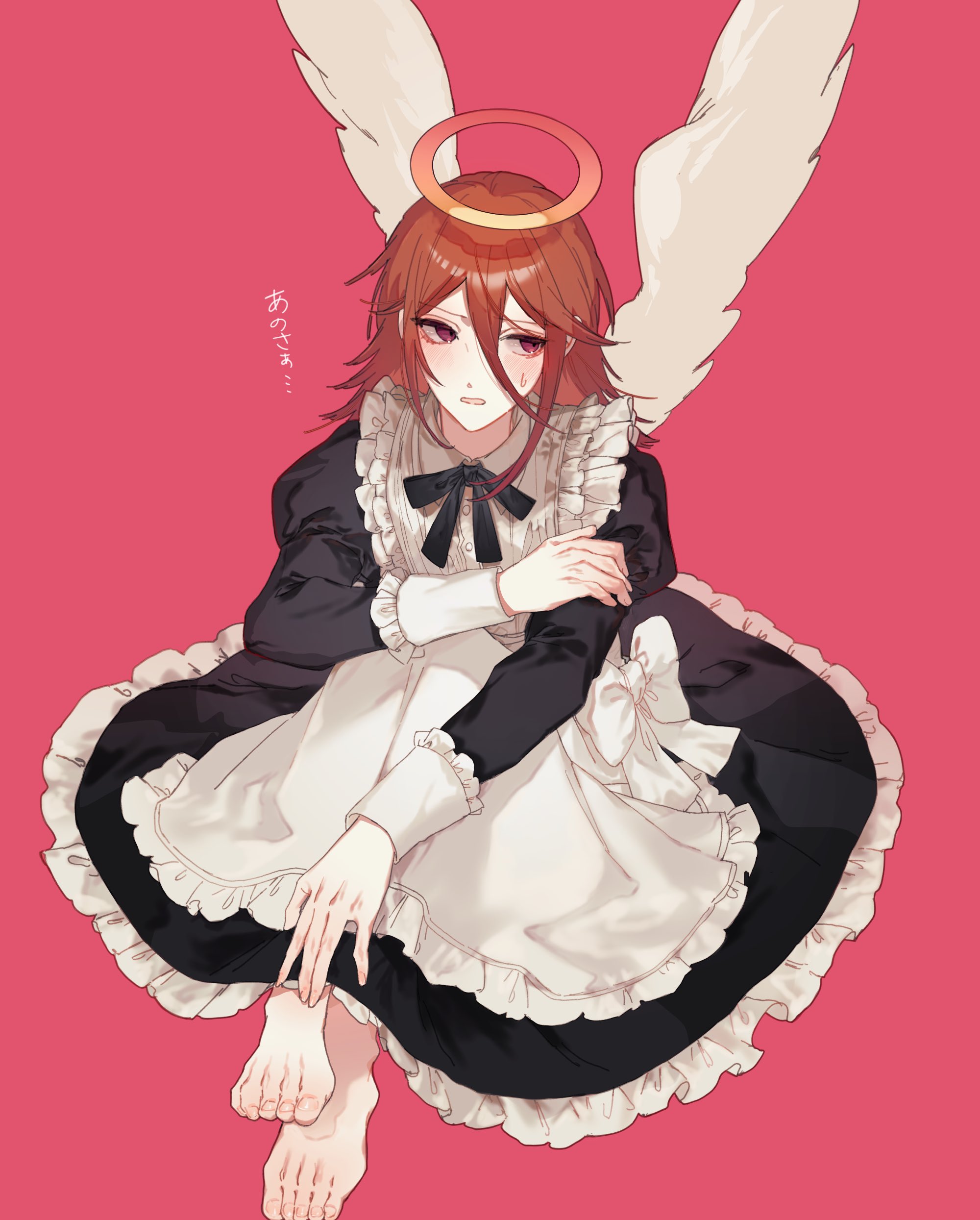angel devil (chainsaw man), chainsaw man, absurdres, commentary request, highres, translation request, 1boy, alternate costume, androgynous, angel, angel wings, apron, barefoot, black dress, brown eyes, brown hair, crossdressing, crossdressing (mtf), dress, enmaided, feathered wings, feet, frilled apron, frills, full body, gradient background, hair between eyes, halo, long hair between eyes, long sleeves, looking to the side, maid, maid apron, male focus, male maid, medium hair, mizutani (zattany), pink background, sitting, solo, sweat, traditional halo, white apron, white wings, wings