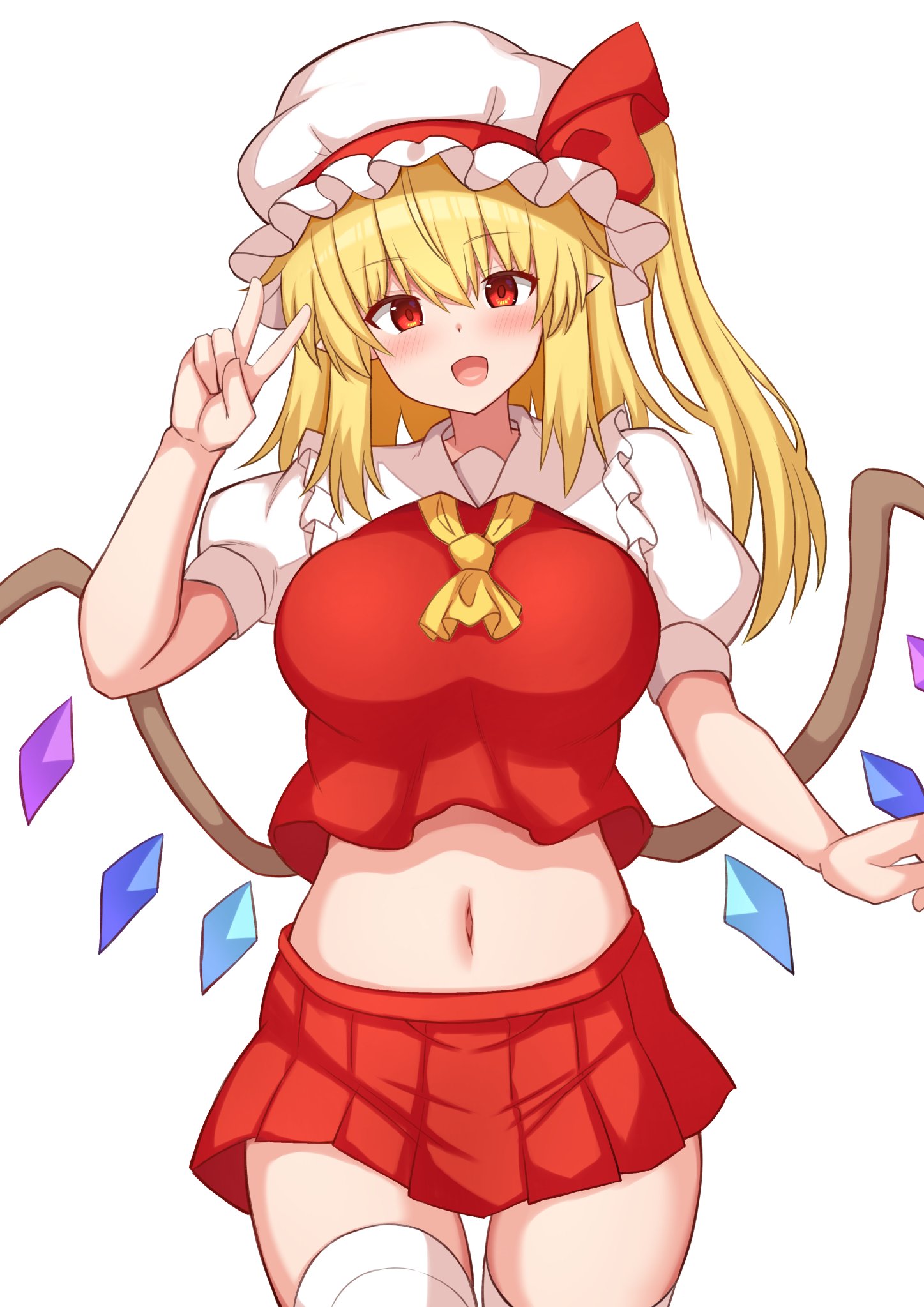 tksand, flandre scarlet, touhou, commentary request, highres, 1girl, ascot, blonde hair, blush, breasts, collared shirt, cowboy shot, crystal wings, frills, hair between eyes, hand up, hat, hat ribbon, long hair, looking at viewer, medium breasts, midriff, miniskirt, mob cap, multicolored wings, navel, one side up, open mouth, pleated skirt, pointy ears, puffy short sleeves, puffy sleeves, red eyes, red ribbon, red skirt, red vest, ribbon, shirt, short sleeves, simple background, skirt, skirt set, smile, solo, standing, thighhighs, v, vest, white background, white hat, white shirt, white thighhighs, wings, yellow ascot