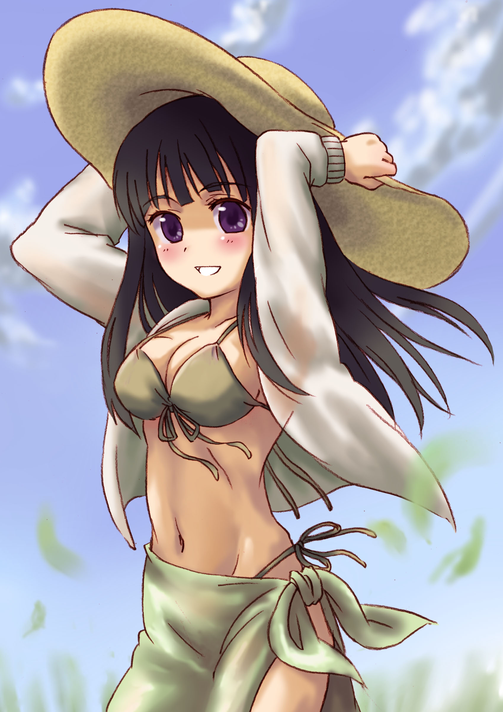 suppy, original, absurdres, bad id, bad pixiv id, highres, 1girl, bikini, blunt bangs, breasts, cleavage, day, female focus, front-tie top, green bikini, hand on headwear, hat, hime cut, jacket, large breasts, open clothes, open jacket, open mouth, panties, sarong, side-tie bikini bottom, side-tie panties, smile, solo, sun hat, swimsuit, underwear