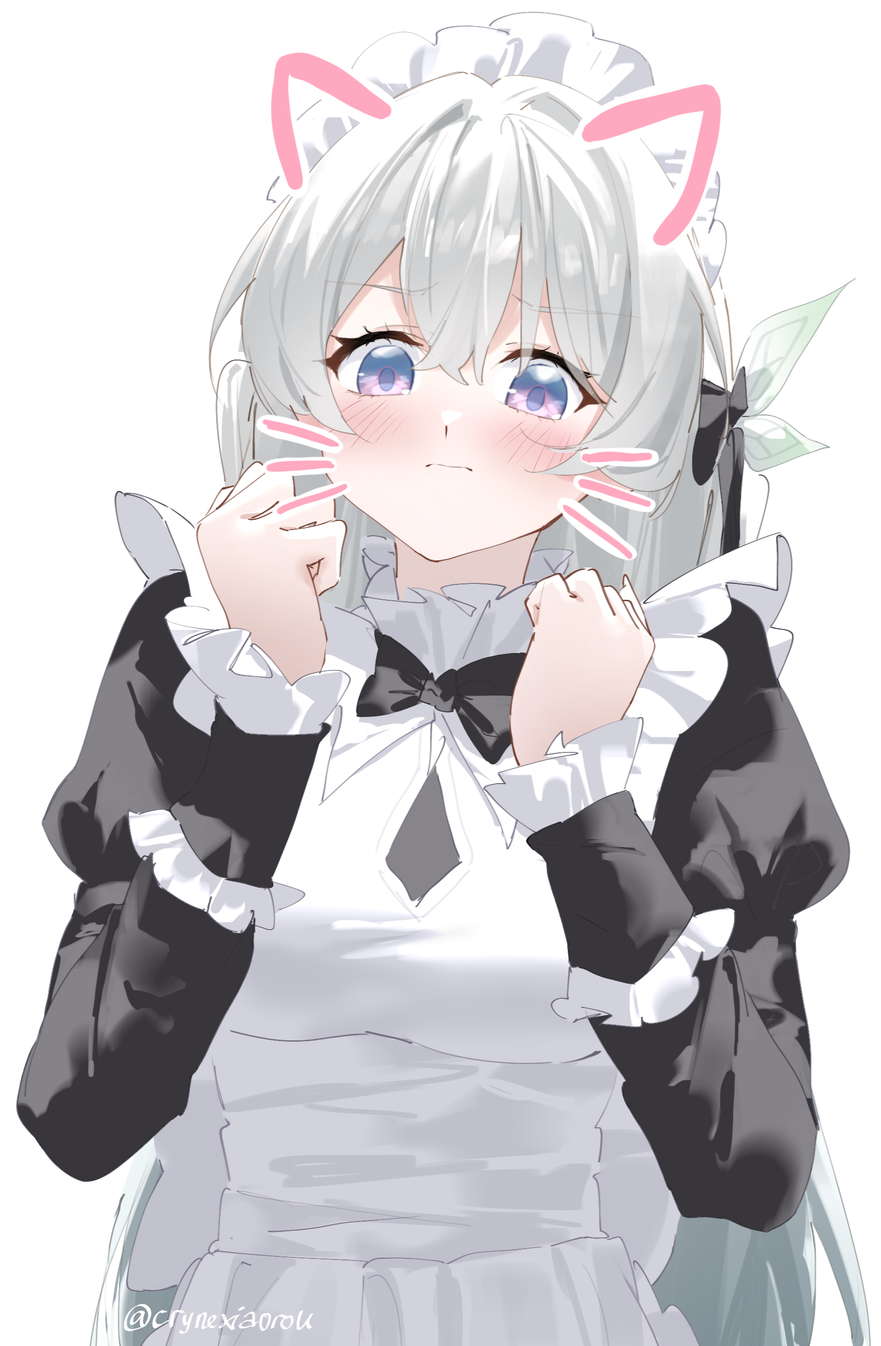cryne, firefly (honkai: star rail), honkai: star rail, honkai (series), absurdres, commentary, highres, 1girl, alternate costume, apron, black bow, black bowtie, black dress, blue eyes, blush, bow, bowtie, breasts, clenched hands, closed mouth, drawn ears, drawn whiskers, dress, enmaided, grey hair, hair between eyes, hair bow, hands up, large breasts, long hair, long sleeves, looking at viewer, maid, maid headdress, multicolored eyes, purple eyes, simple background, solo, two-tone eyes, upper body, white background