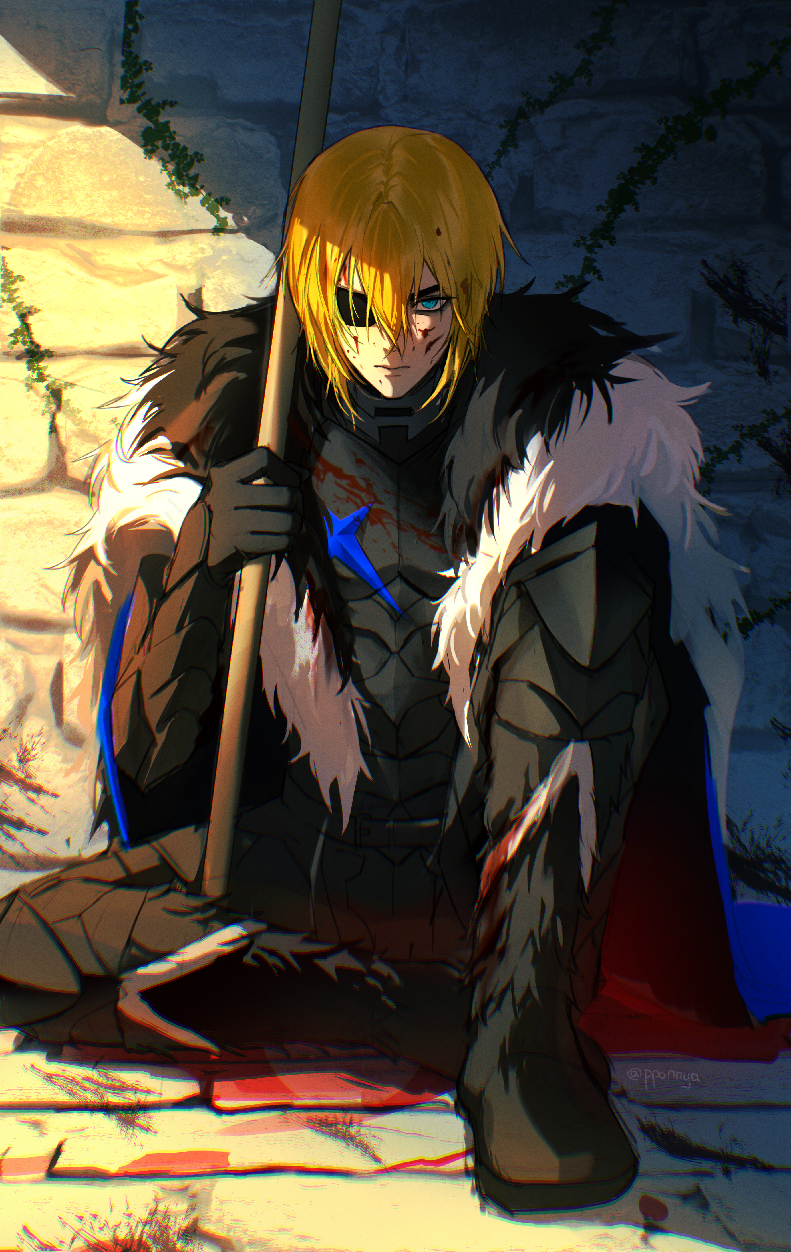 pponnya, dimitri alexandre blaiddyd, dimitri alexandre blaiddyd (timeskip), fire emblem, fire emblem: three houses, nintendo, absurdres, commentary, highres, korean commentary, 1boy, armor, black armor, black boots, black fur, blonde hair, blood, blood in hair, blood on armor, blood on face, blood on ground, blood splatter, blue cape, blue eyes, boots, breastplate, cape, closed mouth, eyepatch, fur-trimmed cape, fur boots, fur trim, hair between eyes, holding, holding polearm, holding weapon, looking at viewer, male focus, one eye covered, plant, polearm, sitting, solo, stone wall, vines, weapon, white fur