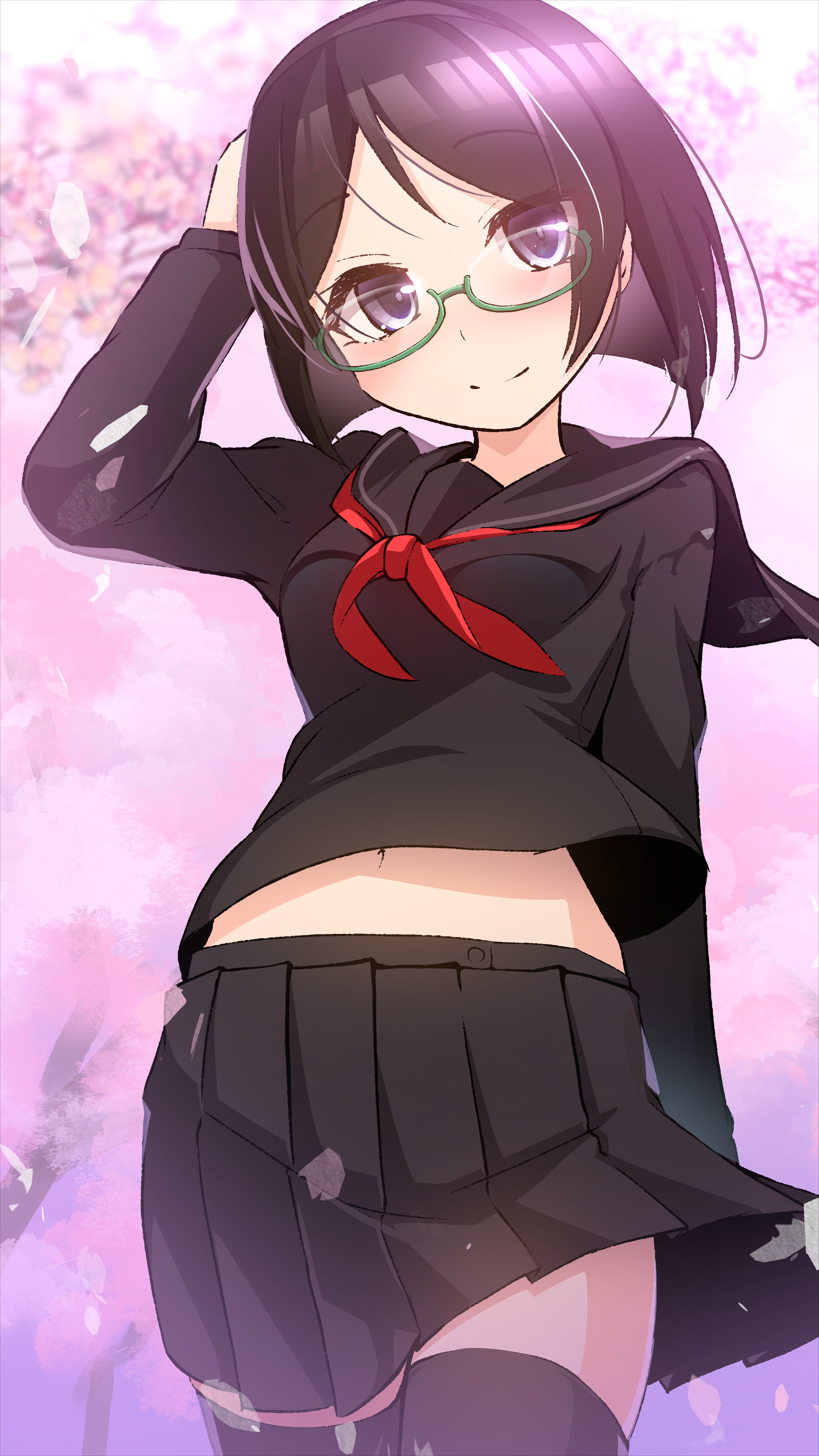 narashika asuka, kirishima (kancolle), kantai collection, absurdres, highres, 1girl, alternate costume, black eyes, black hair, black sailor collar, black serafuku, black shirt, black skirt, black thighhighs, bob cut, cowboy shot, glasses, neckerchief, pleated skirt, red neckerchief, sailor collar, school uniform, serafuku, shirt, short hair, skirt, smile, solo, thighhighs, winter uniform