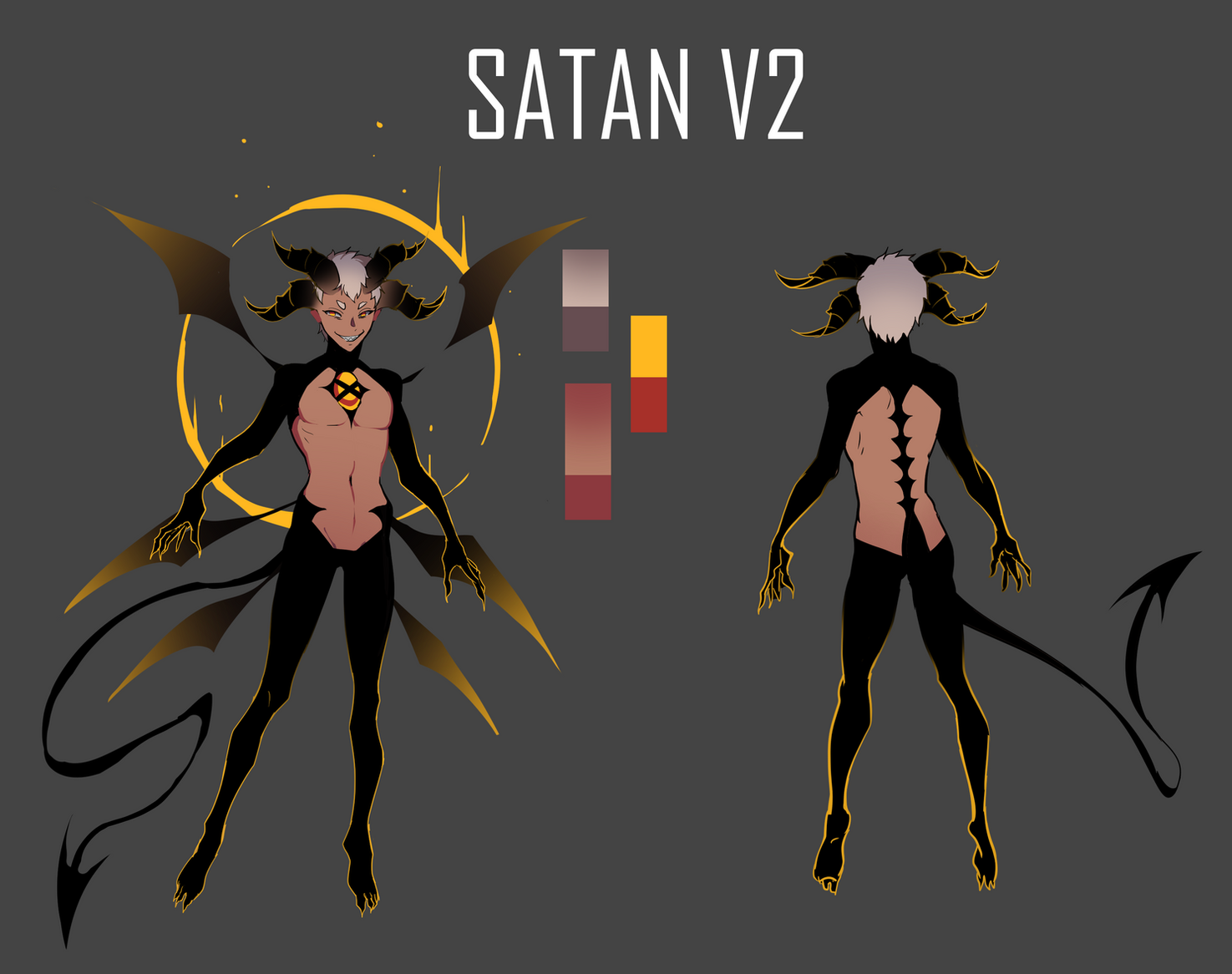 graveweaver, i'm the grim reaper, official art, barefoot, bat wings, black wings, character name, color guide, demon horns, demon tail, evil grin, evil smile, fingernails, floating, front and back, full body, gradient skin, grin, halo, halo behind head, horns, lucifer (i'm the grim reaper), multiple horns, multiple wings, no shirt, outline, pectorals, reference sheet, sharp fingernails, short hair, smile, tail, toned, toned male, white hair, wings, yellow eyes, yellow outline