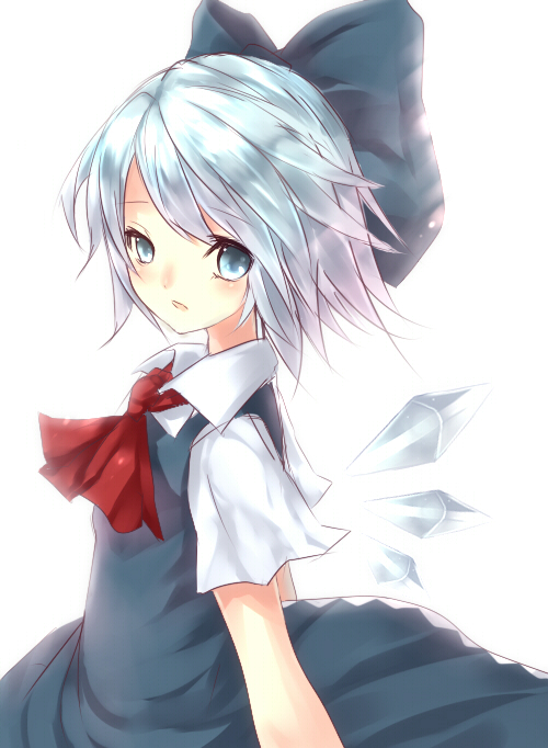 neota, cirno, embodiment of scarlet devil, touhou, bad id, bad pixiv id, 1girl, ascot, blue dress, blue eyes, blue hair, blush, bow, dress, female focus, hair bow, hair ornament, hairclip, looking at viewer, matching hair/eyes, open mouth, ribbon, short hair, short sleeves, simple background, solo, white background, wings