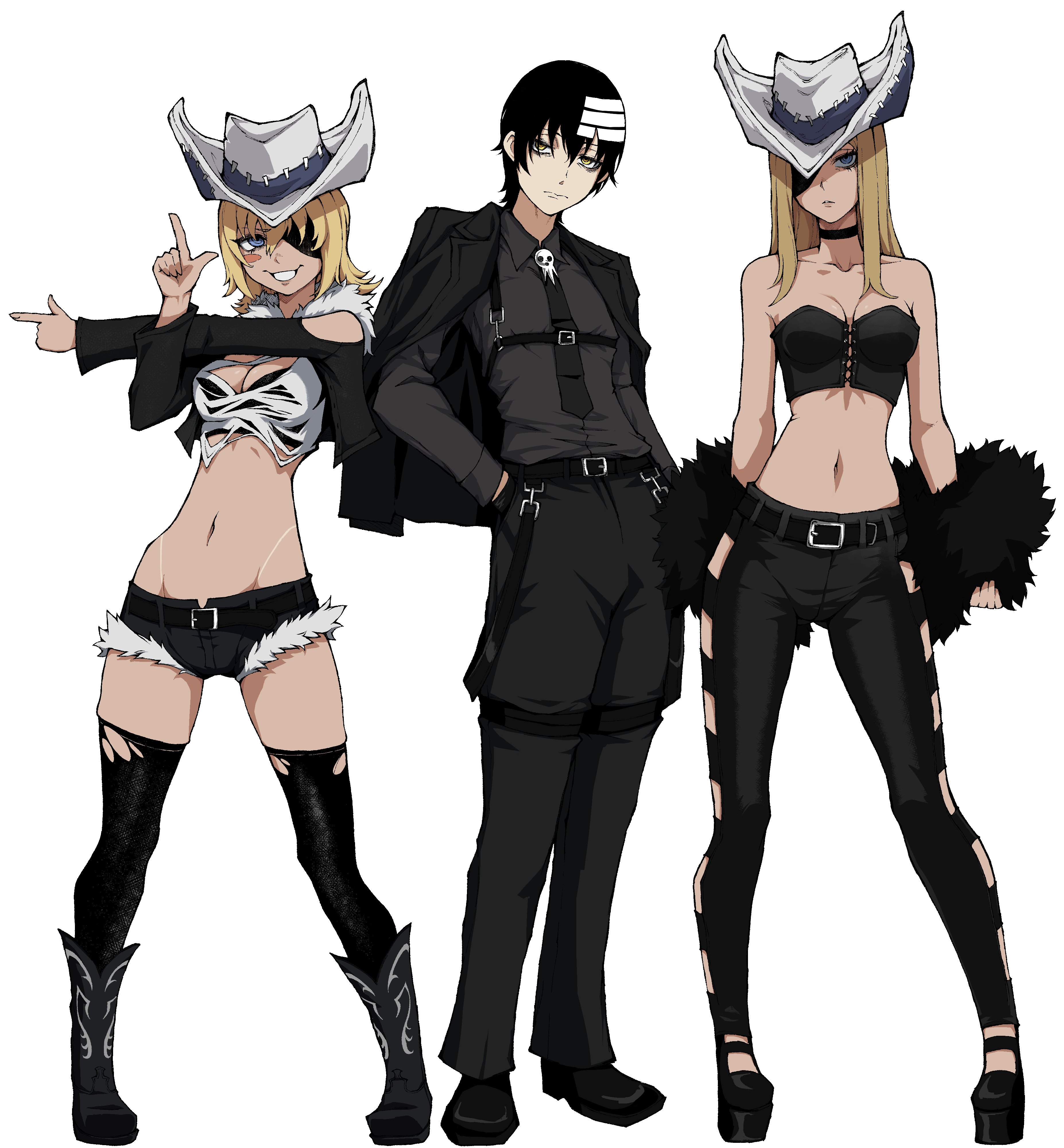 kekel, death the kid, elizabeth thompson, patricia thompson, soul eater, absurdres, commentary, english commentary, highres, 1boy, 2girls, bare shoulders, belt, black belt, black boots, black choker, black hair, black jacket, black necktie, black pants, black shoes, black shorts, black suit, black thighhighs, black tube top, blonde hair, blue eyes, blush stickers, boots, breasts, chest harness, choker, closed mouth, collared shirt, cowboy boots, cowboy hat, cutoffs, denim, denim shorts, dress pants, dress shirt, eyepatch, feather boa, finger gun, formal clothes, full body, grin, hair between eyes, hand in pocket, harness, hat, jacket, jacket on shoulders, large breasts, long hair, looking at viewer, multicolored hair, multiple girls, navel, necktie, one eye covered, pants, parted lips, shirt, shoes, short shorts, shorts, siblings, simple background, sisters, skull brooch, smile, standing, strapless, striped hair, suit, suit jacket, suspenders hanging, tan, tanline, thighhighs, torn clothes, torn thighhighs, tube top, two-tone hair, white background, white hair, white hat, yellow eyes