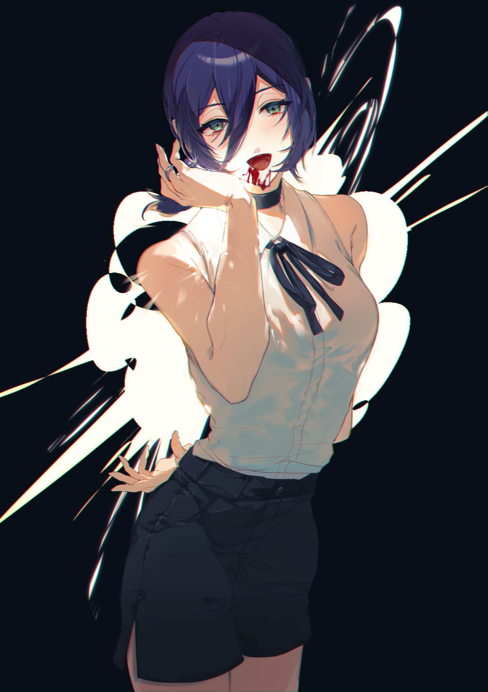 reze (chainsaw man), chainsaw man, absurdres, commentary, highres, 1girl, arms behind back, bare shoulders, black background, black hair, black ribbon, black shorts, blood, blood on face, collared shirt, explosion, green eyes, grenade pin, hair between eyes, hand up, long hair between eyes, looking at viewer, medium hair, mizutani (zattany), neck ribbon, open mouth, ribbon, shirt, shirt tucked in, shorts, simple background, sleeveless, sleeveless shirt, solo, standing, white shirt