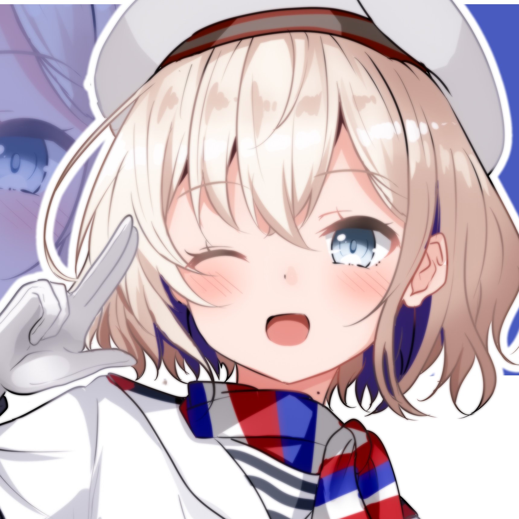 himura moritaka, gloire (kancolle), kantai collection, highres, 1girl, blonde hair, blue eyes, blue hair, colored inner hair, hat, multicolored hair, multicolored neckerchief, neckerchief, one eye closed, salute, short hair, smile, solo, striped neckerchief, two-tone hair, upper body, white-sailor collar, white hat, zoom layer