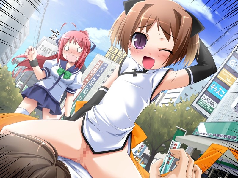 casino studio, haga yui, korijo, tachibana miyako, hermit complex, 1boy, 2girls, ahoge, blush, brown hair, censored, china dress, chinese clothes, city, detached sleeves, dress, fang, loli, multiple girls, no panties, one eye closed, outdoors, pink hair, ponytail, pussy, school uniform, smile, surprised, wink