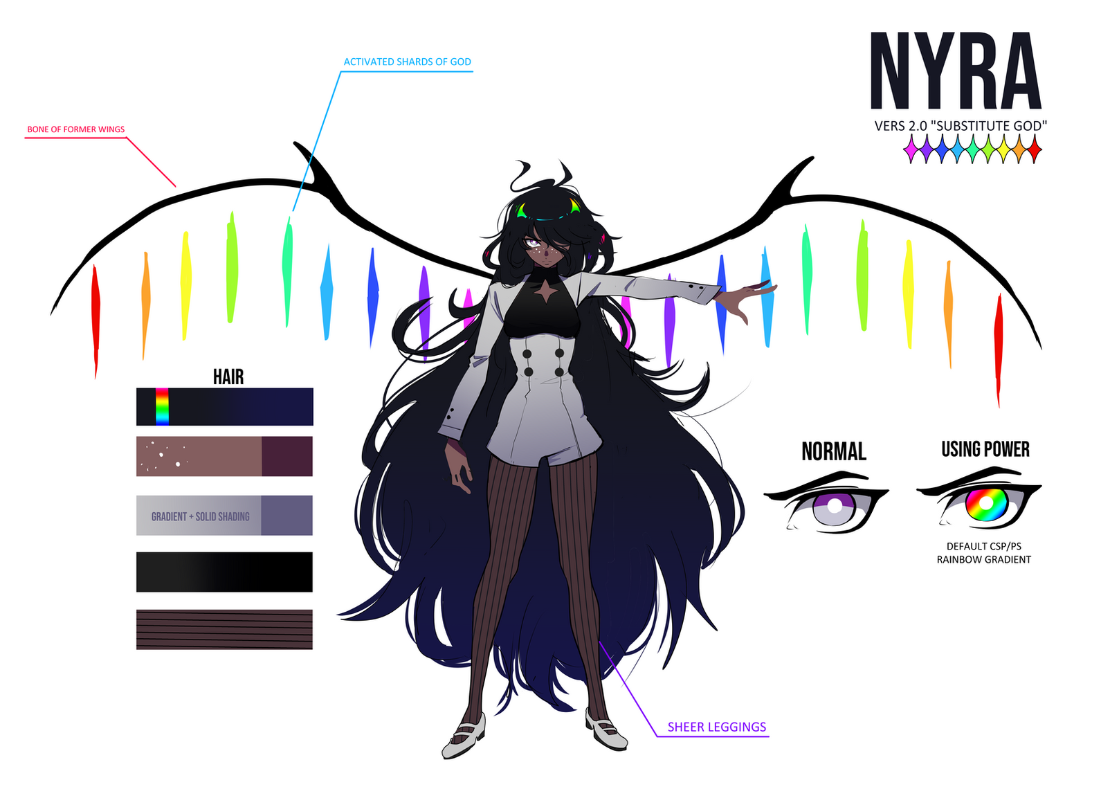 graveweaver, i'm the grim reaper, official art, 1girl, above-cleavage cutout, ahoge, black hair, black pantyhose, breasts, character name, clothing cutout, color guide, crystal wings, dark-skinned female, dark skin, diagram, dress, english text, full body, long hair, messy hair, nyra (i'm the grim reaper), outstretched arm, pantyhose, reference sheet, serious, solo, very long hair, white dress, wings, zooming in