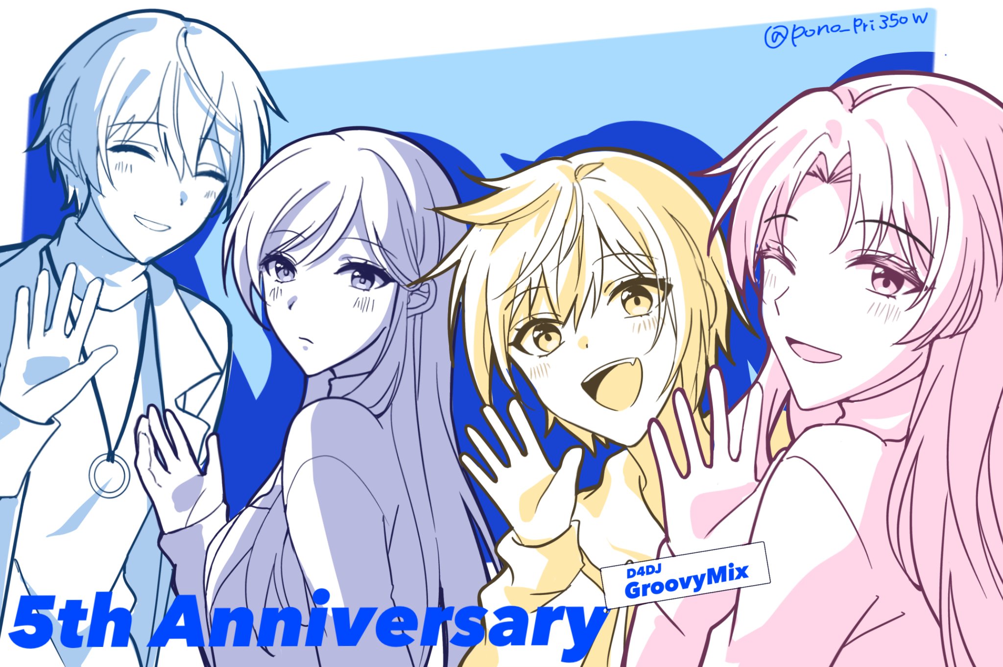 fuyu (pono pri350w), aoyagi tsubaki, miyake aoi, tsukimiyama nagisa, yano hiiro, d4dj, highres, 4girls, :d, anniversary, blonde hair, closed eyes, collar, fang, hair behind ear, jacket, long hair, long sleeves, looking at viewer, multiple girls, one eye closed, open mouth, parted bangs, pink hair, short hair, smile, turtleneck, upper body, waving, waving hands