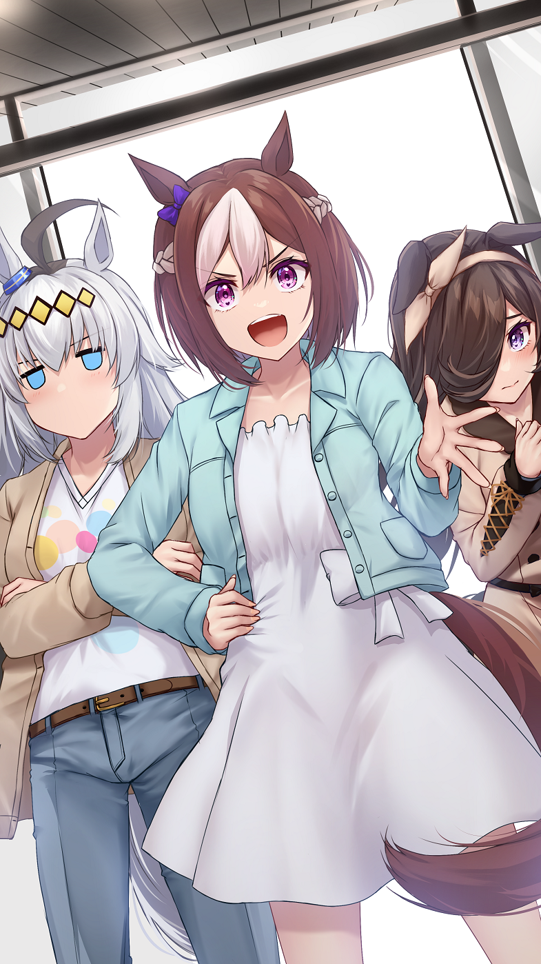 merxkialis, oguri cap (umamusume), rice shower (umamusume), special week (umamusume), umamusume, commentary, highres, 3girls, ahoge, animal ears, aqua jacket, belt, blue eyes, bow, braid, brown belt, brown coat, brown hair, brown hairband, casual, coat, collarbone, cowboy shot, crossed arms, denim, dress, dutch angle, ear bow, ear ornament, ears down, glutton, grey hair, hair between eyes, hair over one eye, hairband, half up braid, hand on own hip, horse ears, horse girl, horse tail, jacket, jeans, jitome, long hair, long sleeves, looking at viewer, multicolored hair, multiple girls, no mouth, official alternate costume, open mouth, outstretched hand, pants, purple bow, purple eyes, short hair, swept bangs, tail, trait connection, two-tone hair, v-shaped eyebrows, white dress, yellow hairband