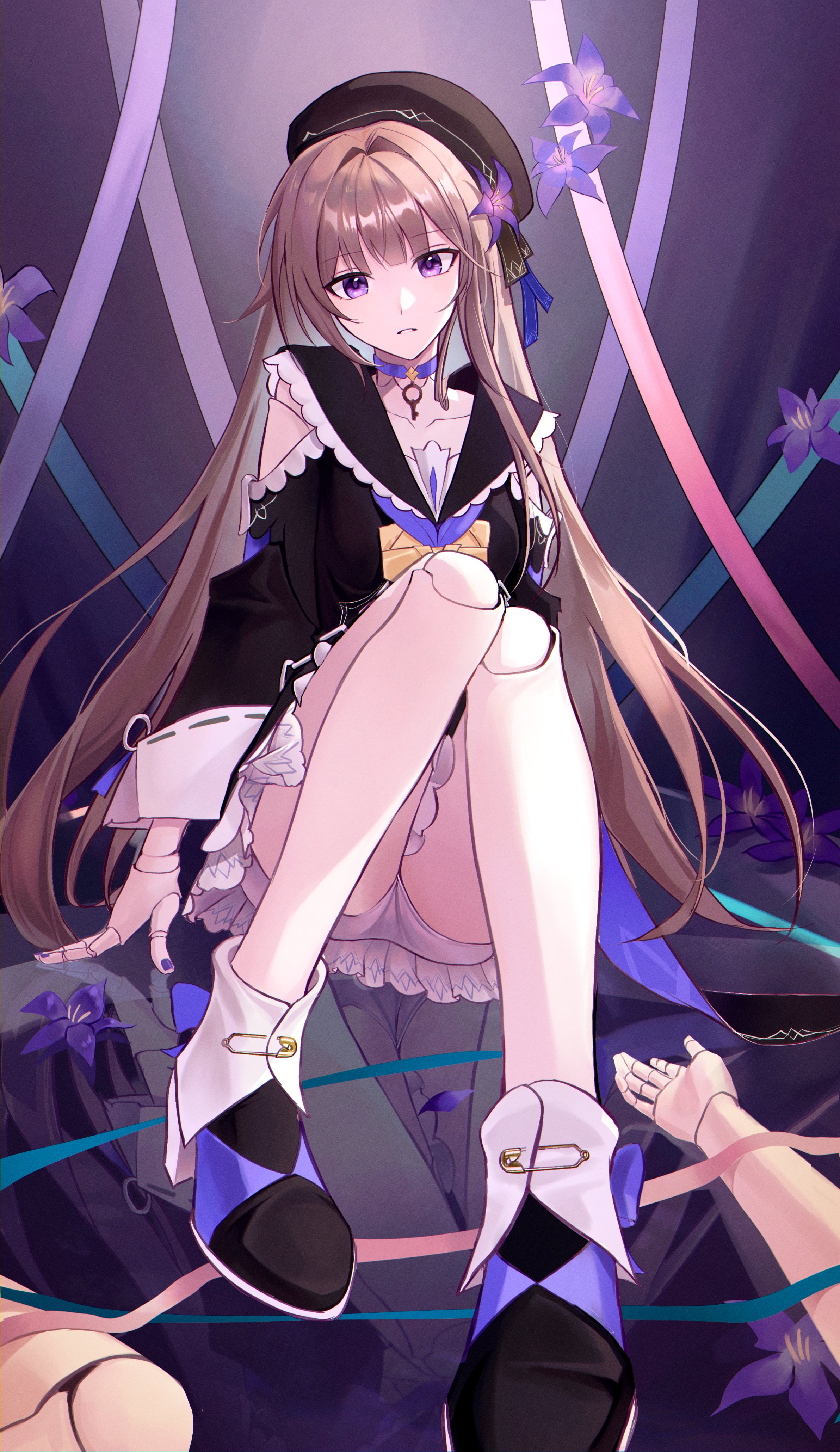 pponnya, herta (honkai: star rail), herta (puppet) (honkai: star rail), honkai: star rail, honkai (series), absurdres, commentary, english commentary, highres, 1girl, black shirt, black shoes, brown hair, brown hat, choker, doll joints, flower, full body, hair flower, hair ornament, hat, jewelry, joints, key, key necklace, knees up, long hair, long sleeves, looking at viewer, necklace, parted lips, purple choker, purple eyes, purple flower, shirt, shoes, short shorts, shorts, sitting, solo, white shorts