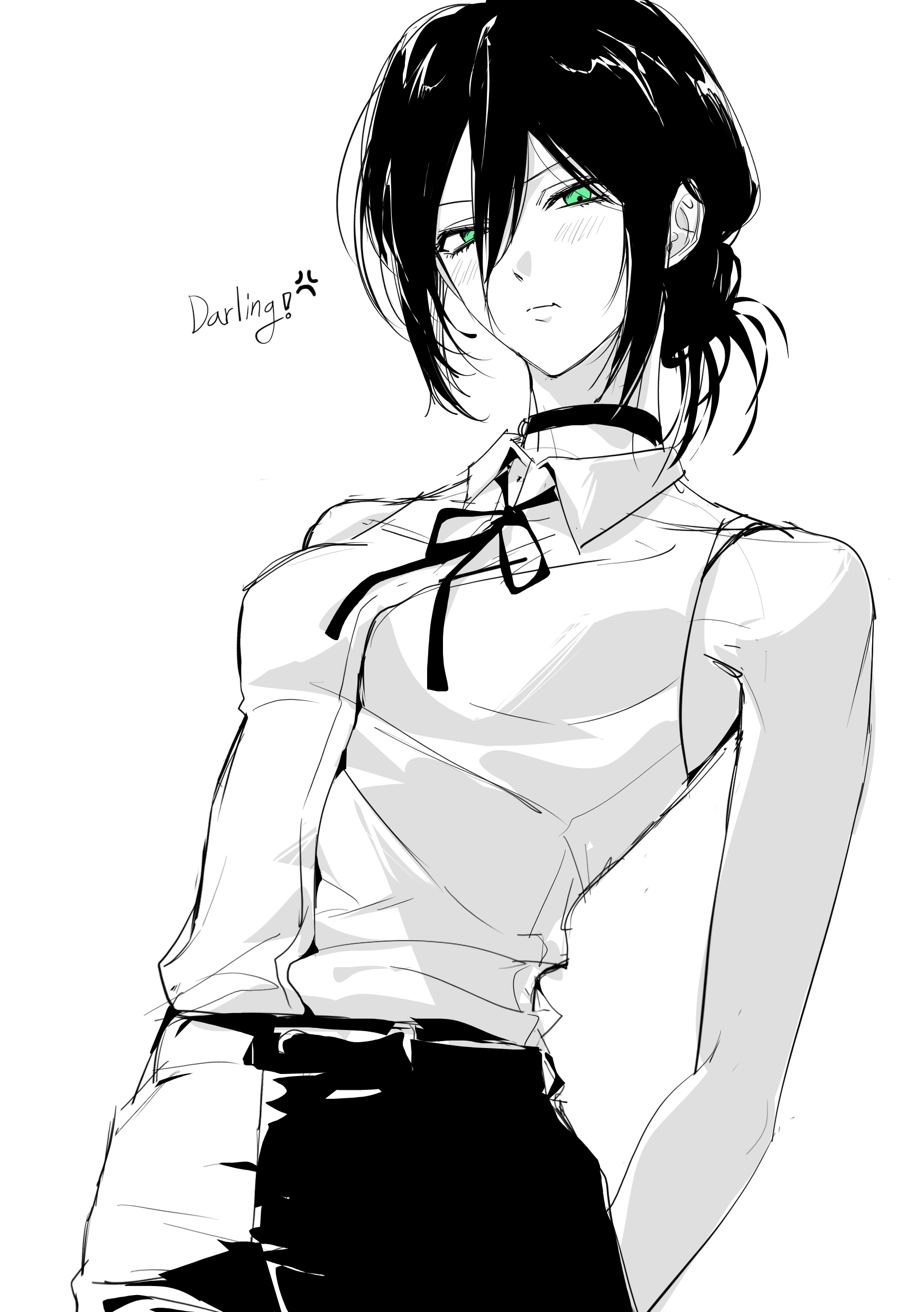 a mongs2, reze (chainsaw man), chainsaw man, absurdres, highres, 1girl, arms behind back, choker, closed mouth, collared shirt, english text, hair between eyes, long hair between eyes, looking at viewer, partially colored, shirt, short hair, simple background, sleeveless, sleeveless shirt, solo, upper body, white background