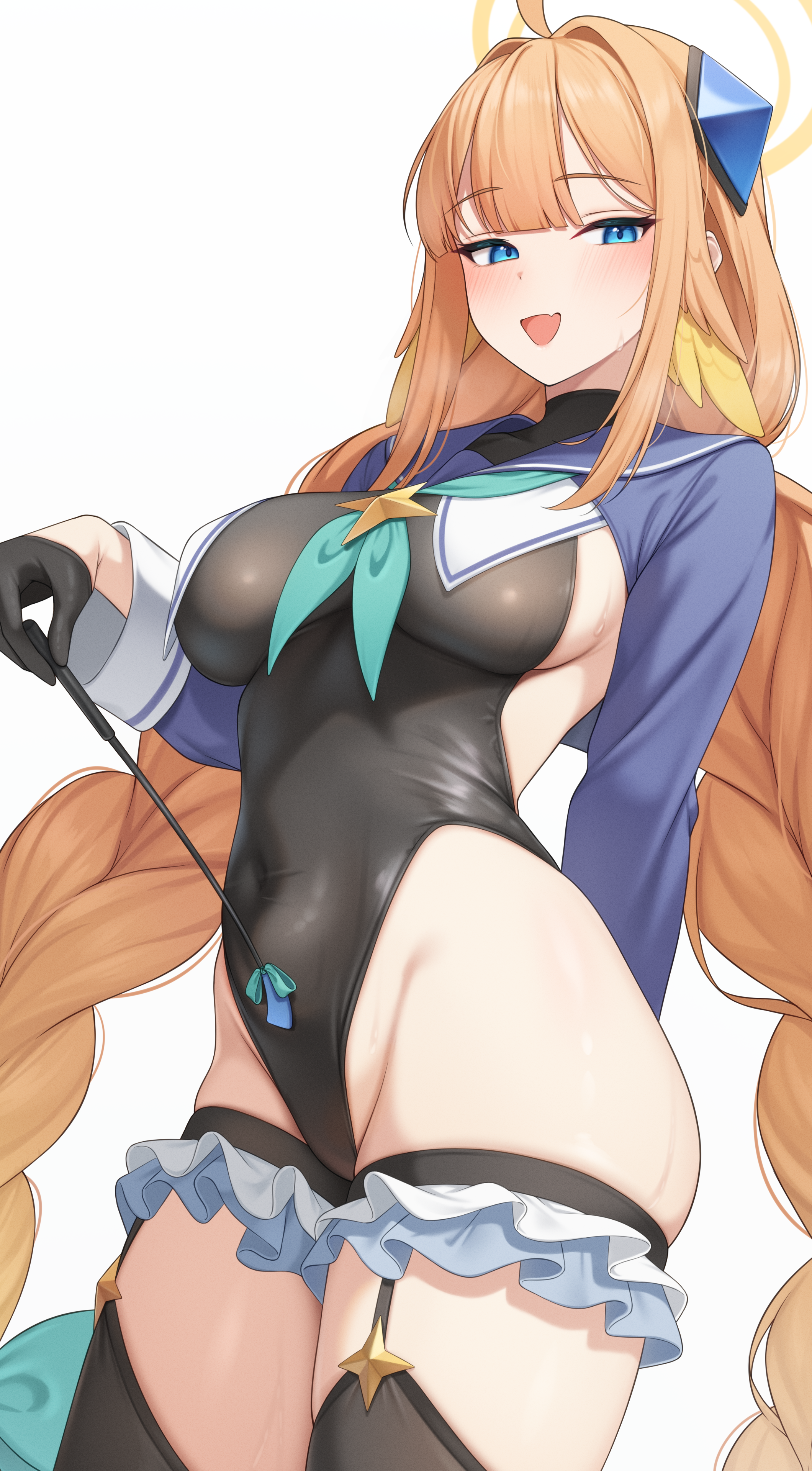 shimiko (blue archive), shimiko (magical) (blue archive), blue archive, absurdres, commentary, highres, 1girl, ahoge, aqua bow, aqua neckerchief, arm behind back, black gloves, black leotard, black thighhighs, blue eyes, blue sailor collar, blue shrug, blue trim, blunt bangs, bow, braid, breasts, covered collarbone, covered navel, diamond hair ornament, fang, frilled thigh strap, garter straps, gloves, groin, hair intakes, hair ornament, halo, hand up, hayasi iru, head wings, highleg, highleg leotard, holding, holding riding crop, large breasts, leotard, long sleeves, looking at viewer, low twin braids, neckerchief, no eyewear, official alternate costume, open mouth, orange hair, riding crop, sailor collar, shrug (clothing), sideboob, sidelocks, simple background, skin fang, smile, solo, star (symbol), super highleg, sweat, thigh strap, thighhighs, thighs, twin braids, white background, white trim, wings, yellow halo