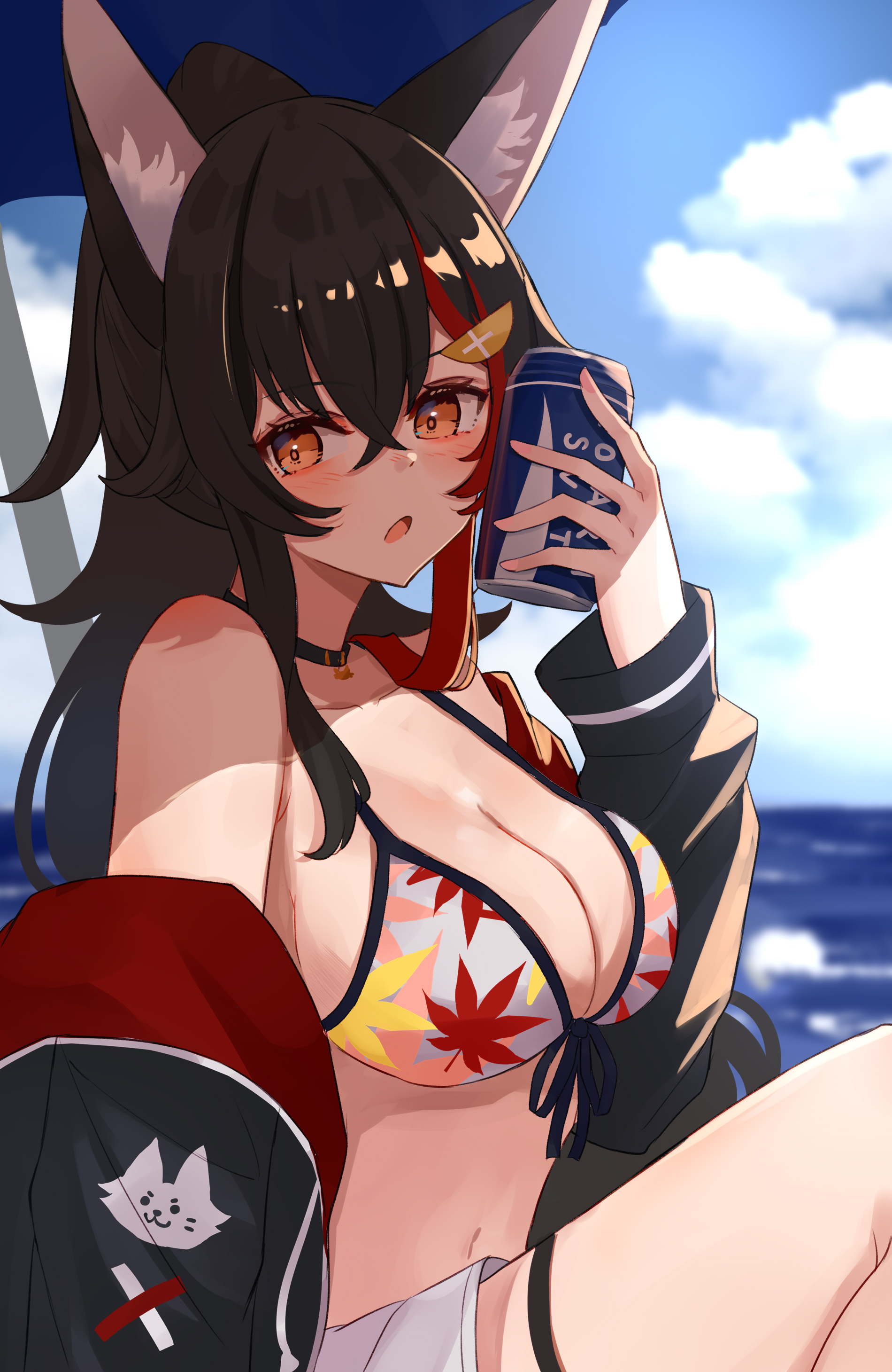 tukijika, ookami mio, ookami mio (hololive summer 2019), hololive, absurdres, commentary, highres, 1girl, animal ears, beach umbrella, bikini, black choker, black hair, black jacket, blue sky, blush, breasts, can, cat choker, choker, cleavage, cloud, cloudy sky, crossed bangs, drink, drink can, feet out of frame, from side, front-tie bikini top, front-tie top, hair between eyes, holding, holding drink, jacket, large breasts, leaf print, long hair, looking at viewer, maple leaf print, multicolored hair, navel, ocean, off shoulder, official alternate costume, official alternate hairstyle, open clothes, open jacket, open mouth, orange eyes, ponytail, print bikini, red hair, red jacket, shorts, sitting, sky, soda can, solo, streaked hair, swimsuit, thigh strap, two-sided fabric, two-sided jacket, two-tone hair, umbrella, virtual youtuber, white shorts, wolf ears, wolf girl