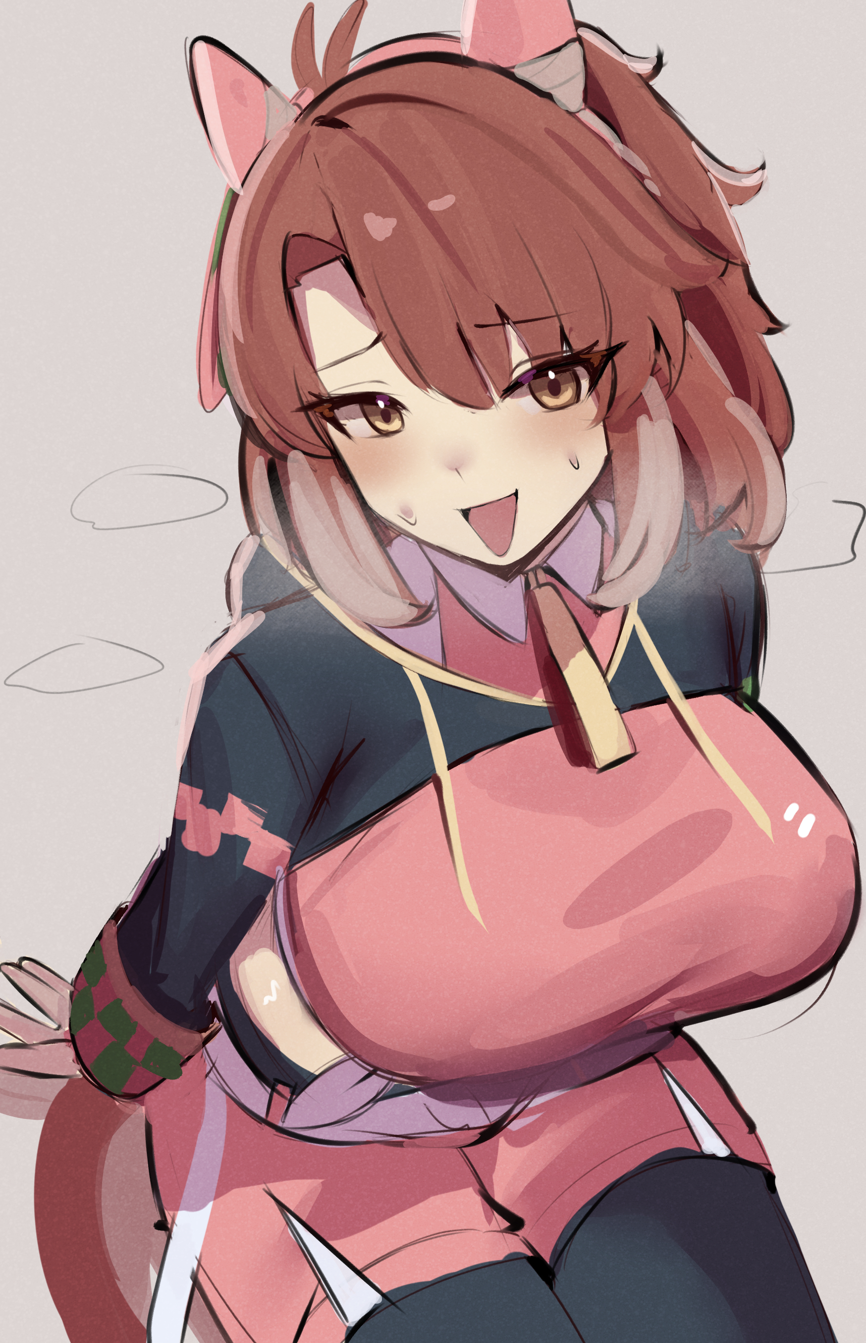 iog626, dantsu flame (umamusume), umamusume, absurdres, highres, 1girl, ahoge, animal ears, black hoodie, black leggings, breasts, brown eyes, brown hair, ear covers, embarrassed, furrowed brow, heavy breathing, hood, hoodie, horse ears, large breasts, leggings, leggings under shorts, open mouth, pink hood, short hair, smile, solo, sweat, sweatdrop, two-tone hoodie