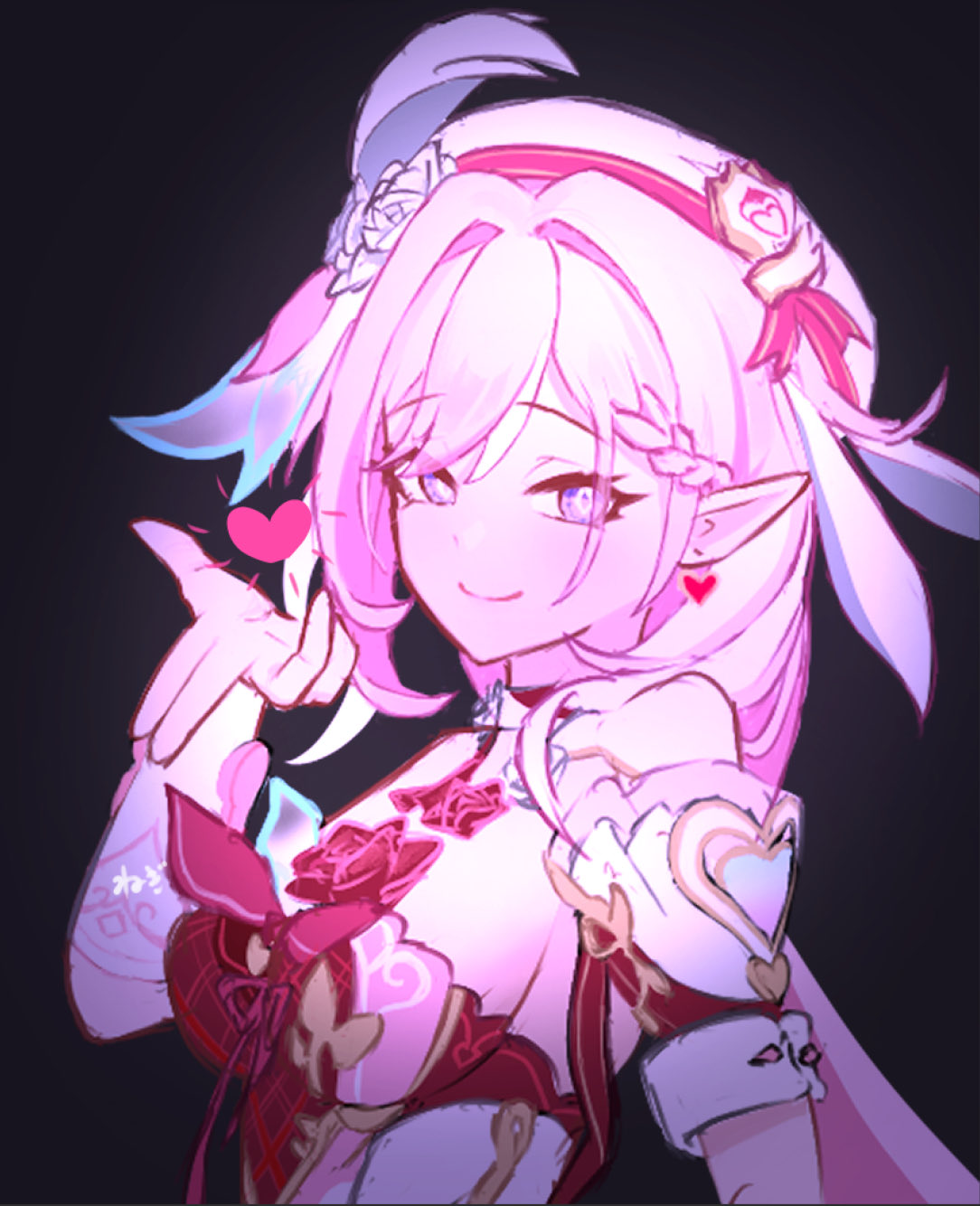 elysia (hi love elf) (honkai impact), elysia (honkai impact), honkai (series), honkai impact 3rd, commentary, highres, symbol-only commentary, 1girl, akm douitai, bare shoulders, beret, black background, blowing kiss, breasts, diamond-shaped pupils, diamond (shape), dress, earrings, elf, hair intakes, hat, heart, heart earrings, jewelry, large breasts, long hair, looking at viewer, pink hair, pointy ears, purple eyes, red dress, smile, solo, symbol-shaped pupils, upper body, very long hair