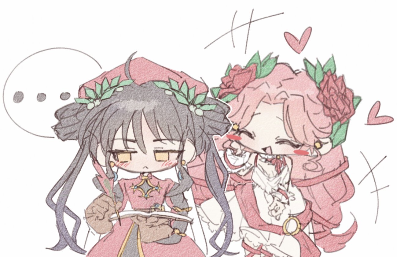 dante alighieri (hell maiden), hell maiden, 2girls, ahoge, bigu uuu, black hair, black sleeves, blush, blush stickers, brown gloves, dress, earrings, flower, gloves, hair flower, hair ornament, hair rings, hat, heart, jewelry, laurels, long hair, multiple girls, pink hair, red dress, red flower, red hat, red rose, rose, sidelocks, simple background, very long hair, virgil (hell maiden), white background, white dress