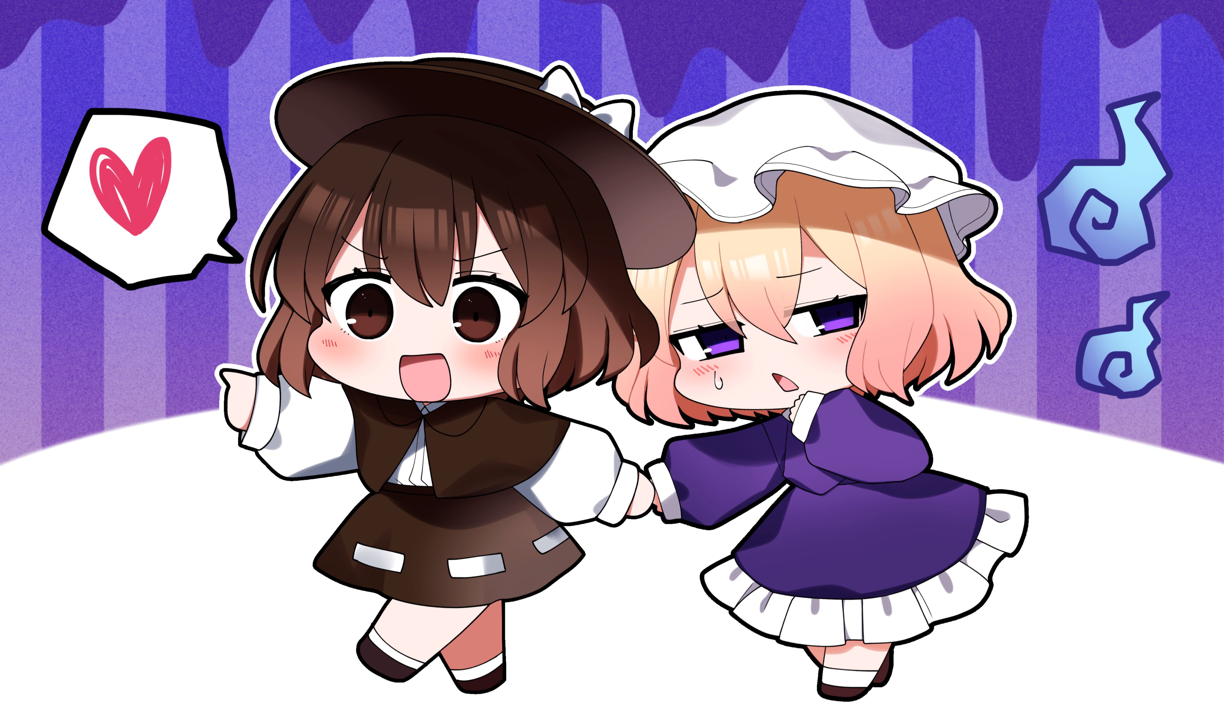 you (noanoamoemoe), maribel hearn, usami renko, touhou, absurdres, commentary request, highres, 2girls, black hat, black shoes, blonde hair, blush, border, bow, brown capelet, brown eyes, brown hair, brown skirt, capelet, chibi, chibi only, collared dress, collared shirt, dress, frills, full body, hair between eyes, half-closed eyes, hand up, hat, hat bow, heart, holding hands, index finger raised, long sleeves, looking to the side, mob cap, multiple girls, open mouth, outside border, pointing, puffy long sleeves, puffy sleeves, purple background, purple dress, purple eyes, shirt, shoes, short hair, skirt, smile, socks, speech bubble, spoken heart, striped background, sweatdrop, v-shaped eyebrows, walking, white border, white bow, white hat, white shirt, white socks