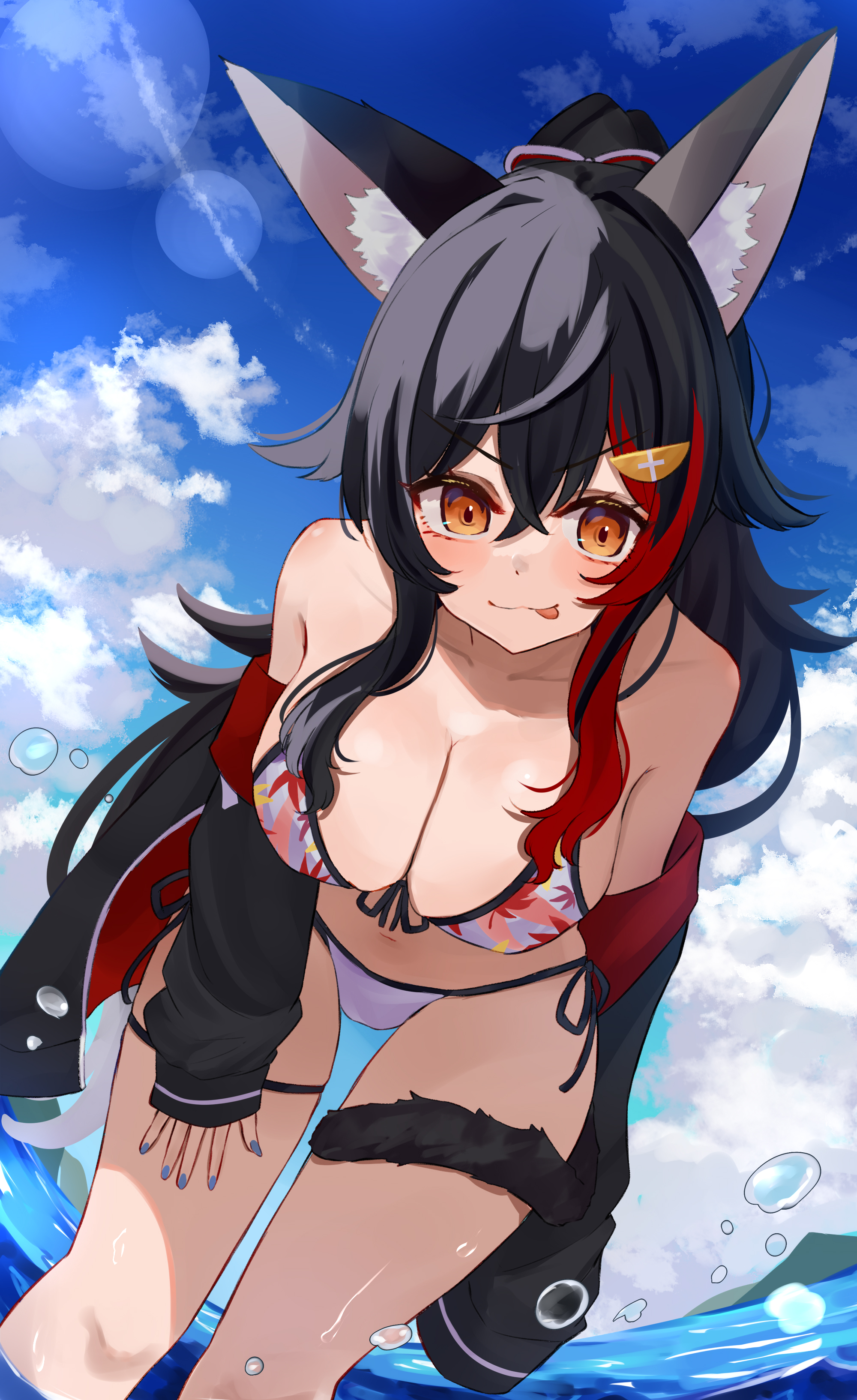 tukijika, ookami mio, ookami mio (hololive summer 2019), hololive, absurdres, commentary, highres, 1girl, :3, animal ear fluff, animal ears, bikini, black hair, black jacket, blue nails, blue sky, blush, breasts, cleavage, closed mouth, cloud, cloudy sky, crossed bangs, day, feet out of frame, front-tie bikini top, front-tie top, hair between eyes, jacket, leaf print, leaning forward, lens flare, licking lips, long hair, looking at viewer, maple leaf print, medium breasts, multicolored hair, nail polish, navel, ocean, off shoulder, official alternate costume, official alternate hairstyle, open clothes, open jacket, orange eyes, outdoors, ponytail, print bikini, red hair, red jacket, side-tie bikini bottom, sidelocks, sky, smile, solo, standing, streaked hair, swimsuit, tail, tail around own leg, thigh strap, tongue, tongue out, two-sided fabric, two-sided jacket, two-tone hair, v-shaped eyebrows, virtual youtuber, wading, wet, white bikini, wolf ears, wolf girl, wolf tail