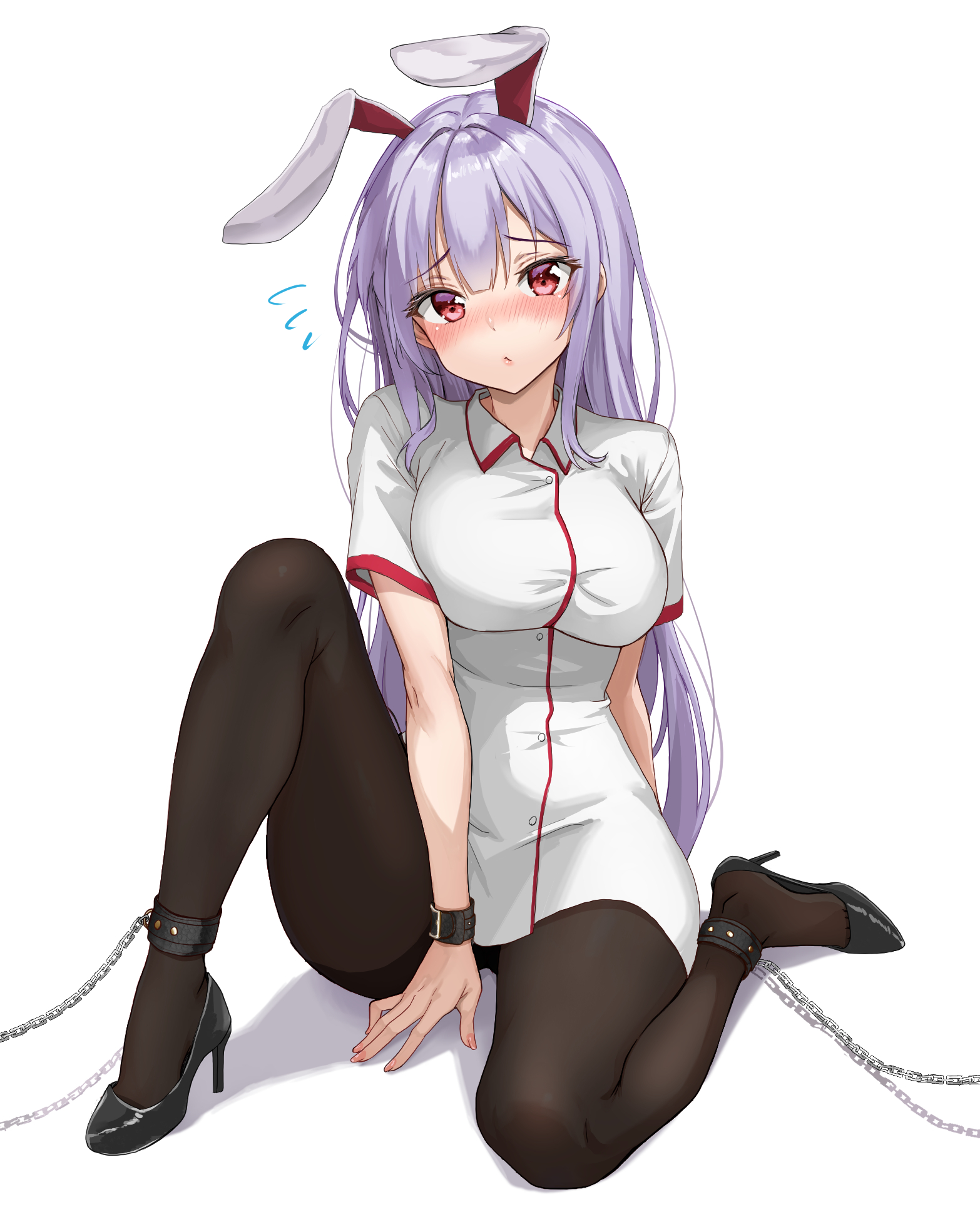 amagi (amagi626), reisen udongein inaba, touhou, highres, variant set, 1girl, alternate costume, animal ears, arm behind back, between legs, black panties, black pantyhose, blunt bangs, blush, breasts, buttons, chain, collared dress, cuffs, dress, eyelashes, feet, flying sweatdrops, furrowed brow, garter straps, hair intakes, hand between legs, high heels, knee up, large breasts, legs, long hair, looking at viewer, nervous, nurse, open mouth, panties, pantyhose, purple hair, rabbit ears, rabbit girl, red eyes, restrained, shackles, short dress, short sleeves, sidelocks, simple background, sitting, smile, solo, speech bubble, straight hair, sweatdrop, thighs, tiptoes, toenails, toes, underwear, very long hair, white background, white dress, wrist cuffs