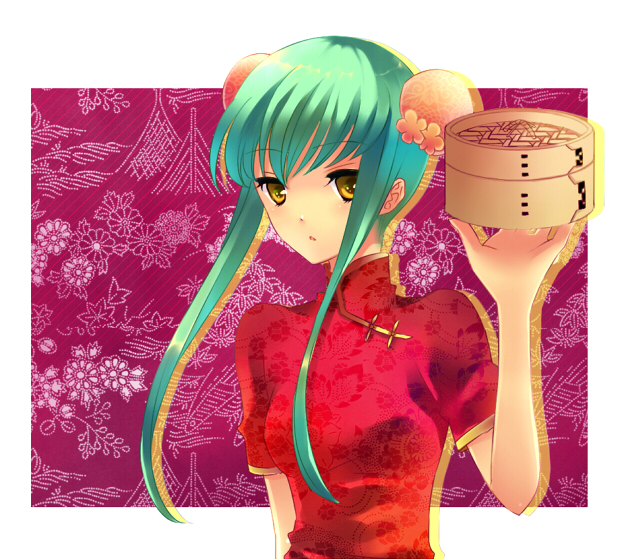 tourin fuwa, c.c., code geass, bad id, bad pixiv id, 00s, bamboo steamer, bun cover, china dress, chinese clothes, dimsum, dress, green hair, solo, yellow eyes