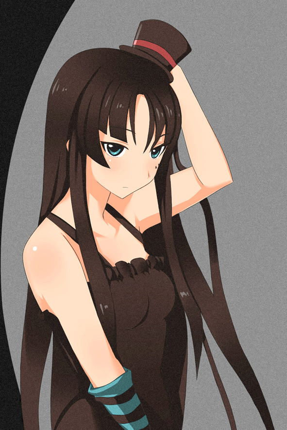 ultra00, akiyama mio, don't say "lazy", k-on!, striped, bad id, bad pixiv id, 00s, 1girl, black hair, blue eyes, blunt bangs, female focus, hat, hime cut, long hair, mini hat, mini top hat, solo, top hat