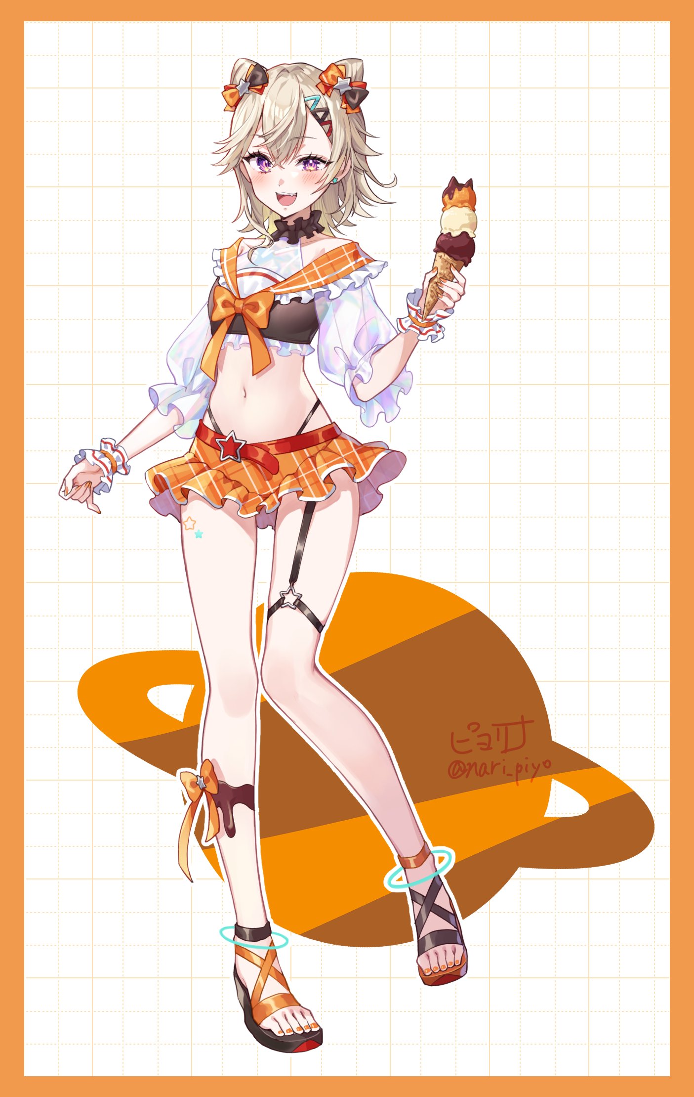 piyoyanagi, komori met, vspo!, commentary, highres, 1girl, artist name, blonde hair, blush, border, bow, cropped shirt, double bun, earrings, fang, food, full body, hair bow, hair bun, hair ornament, hairclip, holding, holding ice cream cone, ice cream, ice cream cone, jewelry, looking at viewer, navel, open mouth, orange border, orange nails, orange skirt, purple eyes, sandals, skirt, solo, twitter username, virtual youtuber