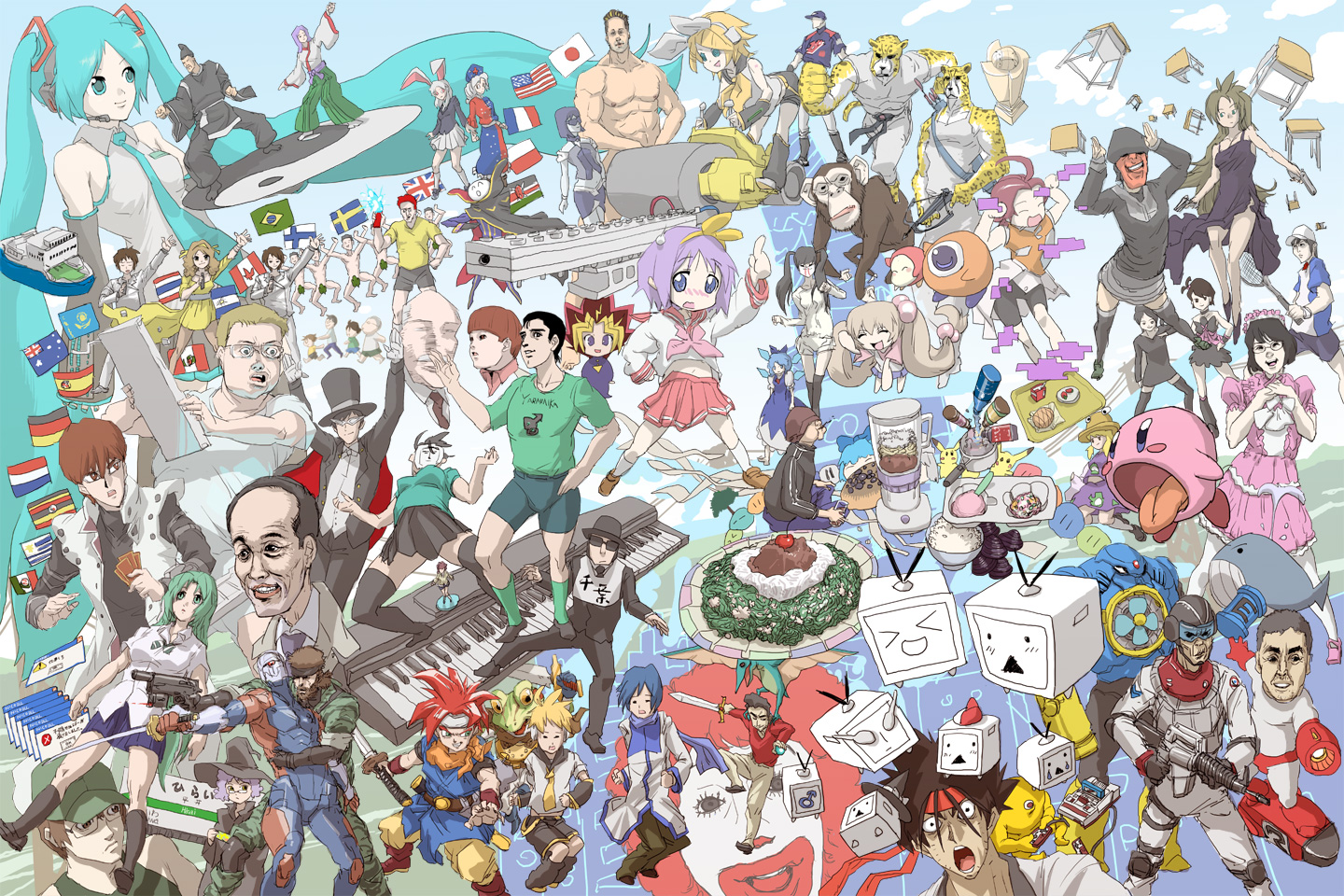 daromeon, abe takakazu, air man, angry german kid, apeman, big boss, billy herrington, cheetahman, chiba mamoru, chrono, cirno, crono (chrono trigger), echizen ryooma, frog (chrono trigger), futami ami, gray fox (metal gear), hagiwara yukiho, hatsune miku, hiiragi tsukasa, kagamine len, kagamine rin, kaiba seto, kaito (vocaloid), kirby, kokonoe rin, kotohime (goketsuji ichizoku), mai (popotan), matsuoka shuuzou, moriya suwako, muto yugi, naked snake, pikachu, reisen udongein inaba, ronald mcdonald, sagara sanosuke, sailor moon, solid snake, sonozaki shion, suzuki ichiro, suzuki ichirou, suzumiya haruhi, tomitake jirou, tsukino usagi, tuxedo kamen, waddle dee, waddle doo, yagokoro eirin, yami yugi, yellow devil (mega man), zero (code geass), atlus, bishoujo senshi sailor moon, capcom, cheetahmen, cheetahmen ii, cheetamen, chrono (series), chrono trigger, code geass, gouketsuji ichizoku, higurashi no naku koro ni, idolmaster, idolmaster (classic), idolmaster 1, kirby (series), kodomo no jikan, konami, kuso miso technique, lucky star, madlax, mcdonald's, mega man (classic), mega man (series), mega man 2, metal gear (series), metal gear solid, metal gear solid 3: snake eater, niconico, nintendo, pokemon, popotan, real life, rurouni kenshin, shounen jump, square enix, super famicom, suzumiya haruhi no yuuutsu, tennis no ouji-sama, touhou, vocaloid, werther's original, yu-gi-oh!, yu-gi-oh! duel monsters, black legwear, annotation request, making-of available, > <, (^o^)/, 00s, 1990s (style), 6+boys, 6+girls, american flag, aqua hair, assault rifle, australian flag, bald, black hair, blender (object), blonde hair, blue eyes, blue hair, blush, boat, bow, brazil, brazilian flag, breasts, brown eyes, brown hair, canada, canadian flag, caramelldansen, card, child, chimpanzee, cigarette, closed eyes, cloud, cool & sexy (idolmaster), crossover, curry, cute & girly (idolmaster), dancing, dango, danjo (tarou), desk, dialogue box, dutch flag, embarrassed, error message, everyone, fighting stance, flag, food, france, french flag, game console, gen 1 pokemon, german flag, germany, glasses, green eyes, green hair, gun, hair bobbles, hair bow, hair ornament, happy, hat, headband, helmet, holding, holding card, instrument, japan, japanese clothes, japanese flag, jewelry, katana, kenya, kenyan flag, keyboard (instrument), large breasts, long hair, looking at viewer, mask, meme, mexican flag, miniskirt, monkey, multiple boys, multiple crossover, multiple girls, necklace, nerunerunerune, neta, nice boat (meme), open mouth, pink hair, pokemon (creature), ponytail, purple hair, red eyes, red hair, retro artstyle, ribbon, rifle, scar, school uniform, serafuku, short hair, side ponytail, skirt, sky, small breasts, smile, spain, spanish flag, spiked hair, steamroller, surprised, sword, thai flag, thailand, the monkey, thighhighs, top hat, tuxedo, twintails, union jack, united states, very long hair, wagashi, watercraft, weapon, whale, witch hat, yaranaika, yatta!, yin yang, zettai ryouiki