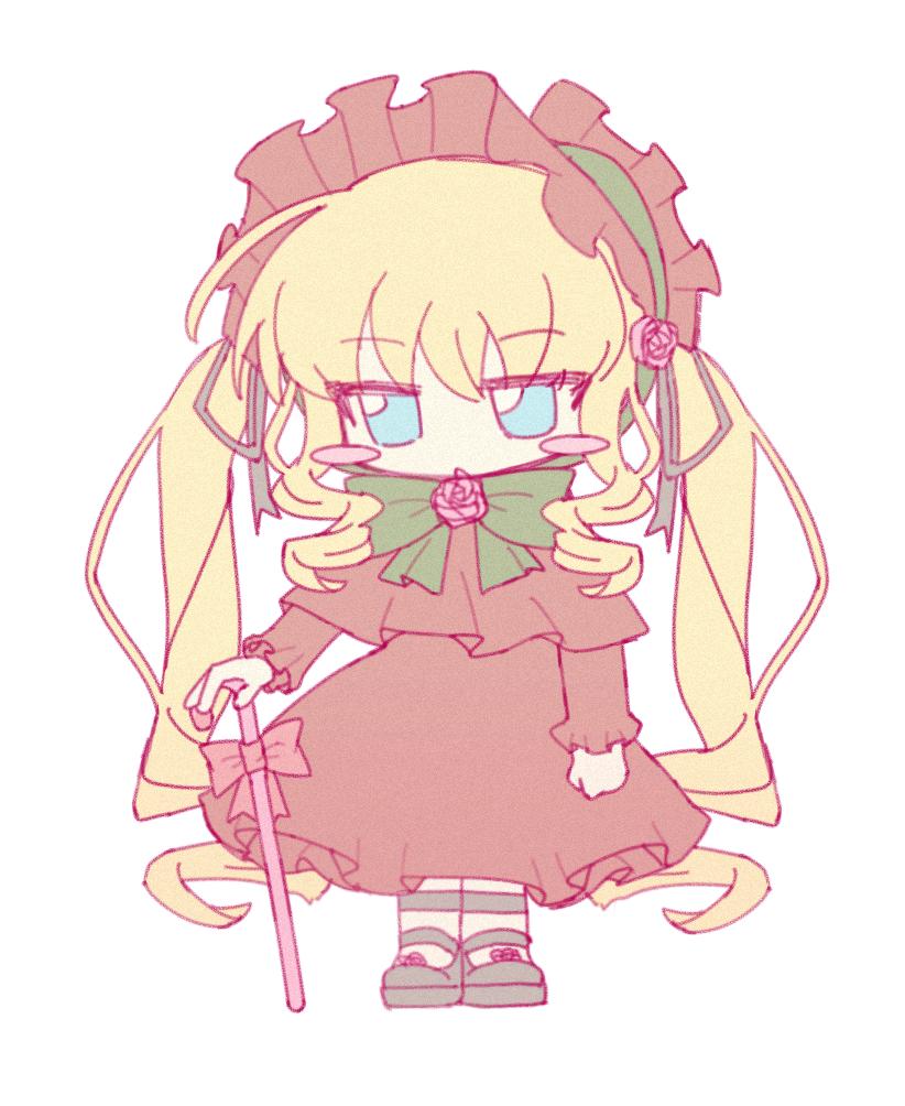 shinku, rozen maiden, 1girl, bigu uuu, blonde hair, blue eyes, blush stickers, bow, bowtie, cane, capelet, chibi, dress, full body, green bow, green bowtie, long hair, open mouth, red capelet, red dress, simple background, solo, twintails, very long hair, white background