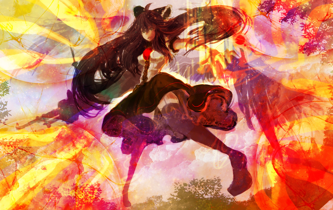 destroyb, reiuji utsuho, touhou, bad id, bad pixiv id, 1girl, breasts, female focus, full body, gun, skirt, solo, thighhighs, weapon