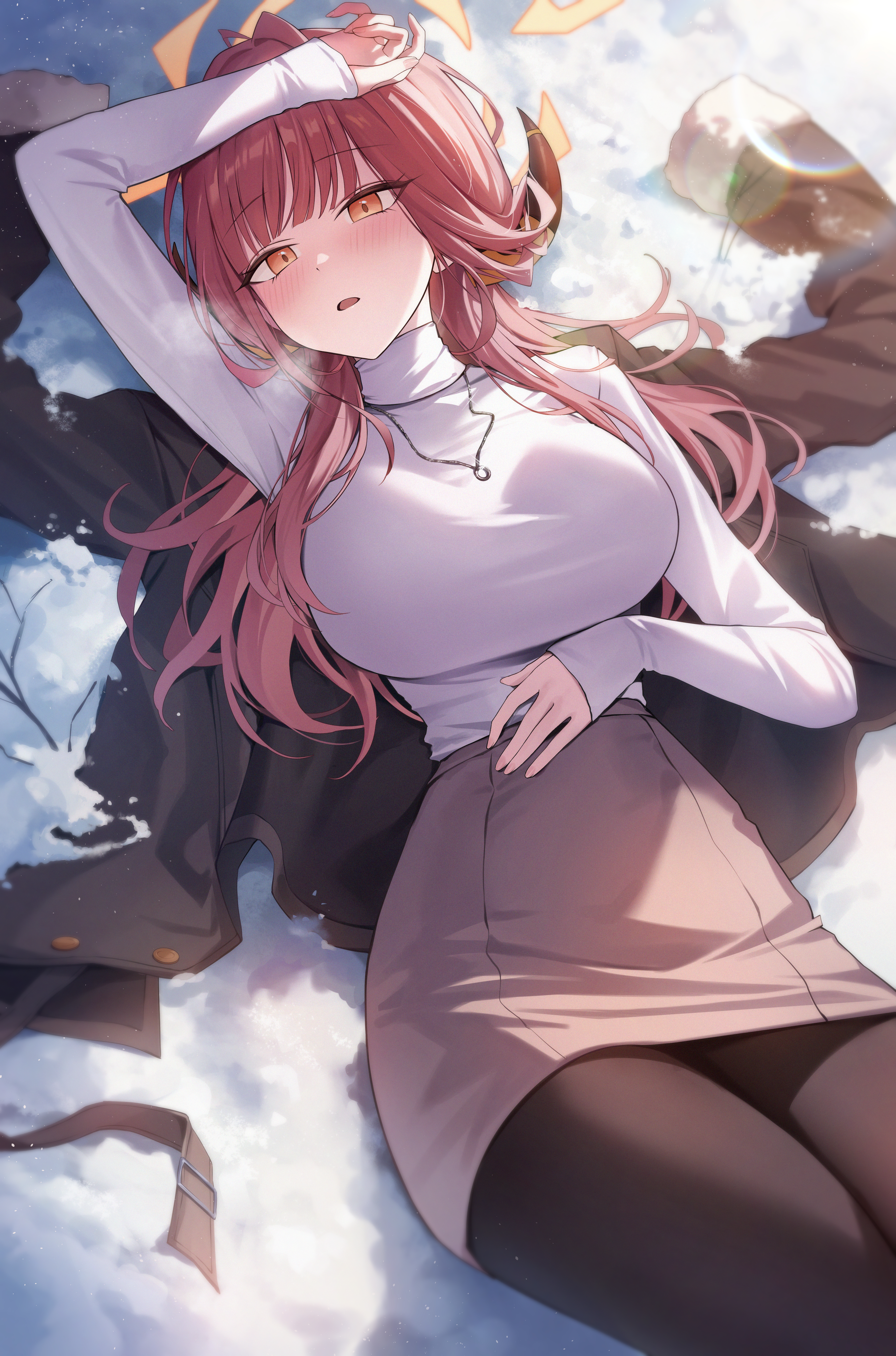 okkimon, aru (blue archive), blue archive, absurdres, commentary, highres, 1girl, alternate costume, black pantyhose, breasts, halo, hand up, jacket, jewelry, large breasts, long hair, long sleeves, looking at viewer, lying, necklace, on back, orange eyes, pantyhose, parted lips, pencil skirt, red hair, shirt, skirt, snow, solo, turtleneck, unworn jacket, white shirt, winter clothes