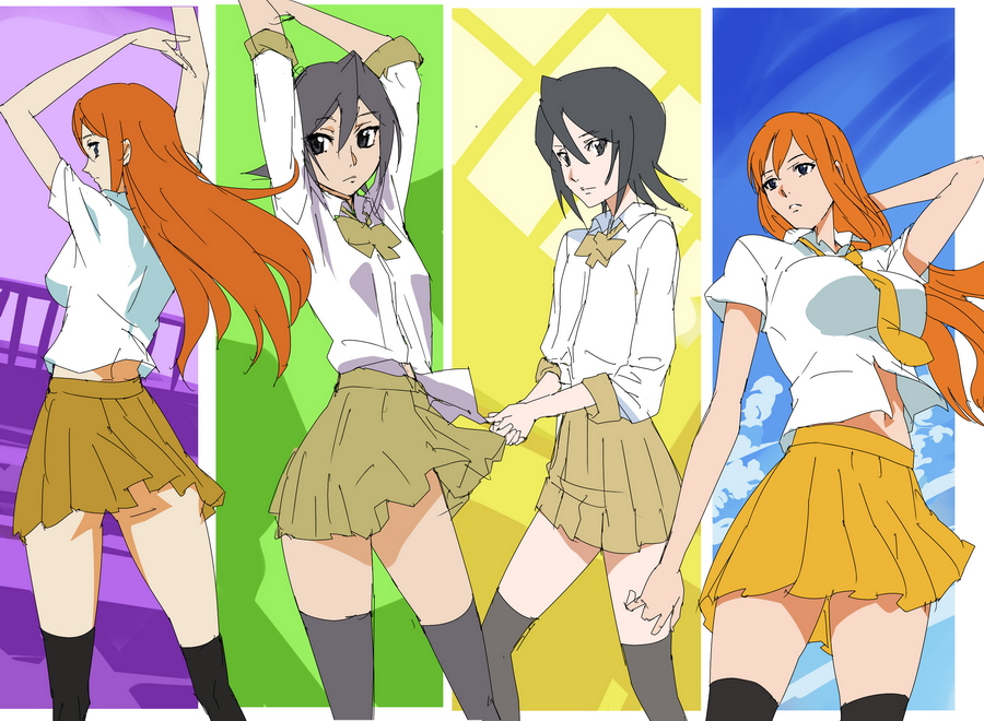 makacoon, inoue orihime, kuchiki rukia, bleach, 00s, 2girls, black hair, black socks, bow, bowtie, breasts, dress shirt, flat chest, kneehighs, long hair, miniskirt, multiple girls, necktie, orange hair, school uniform, shirt, short hair, skirt, sleeves rolled up, socks, thighhighs, zettai ryouiki