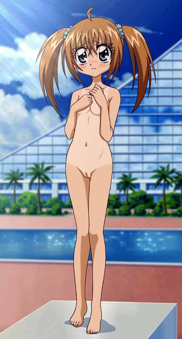 tsukishima kirari, kirarin revolution, nude filter, third-party edit, 00s, 1girl, barefoot, blue eyes, blush, breasts, brown hair, feet, female focus, flat chest, hair ornament, hairpin, loli, nipples, nude, outdoors, pool, pussy, small breasts, solo, tan, tanline, tears, thigh gap, thighs, toes, twintails, uncensored, zenra