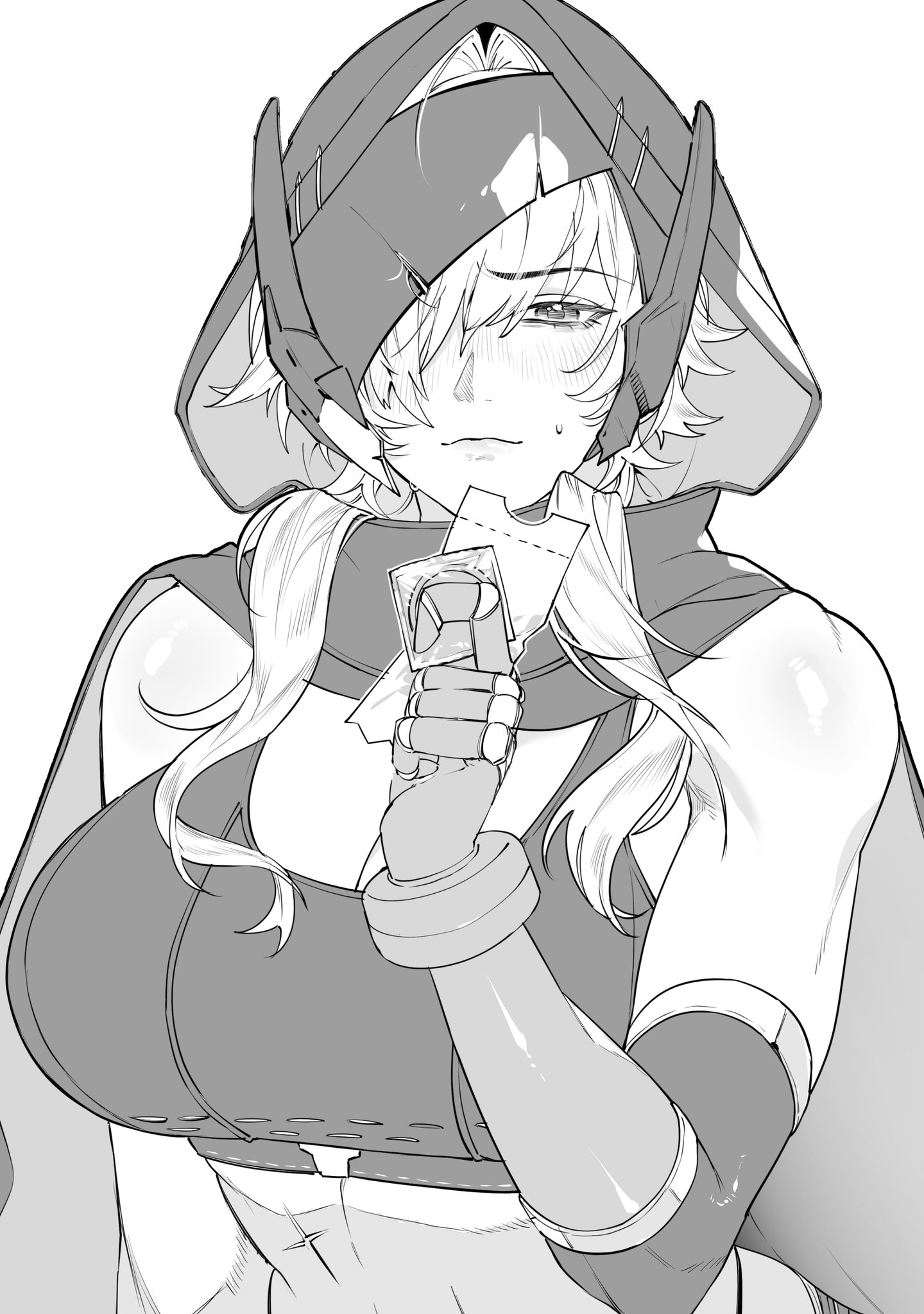 shishamo 712, grave (nikke), goddess of victory: nikke, commentary, highres, symbol-only commentary, 1girl, arm warmers, blush, breasts, broken mask, buckle, chest strap, cleavage, cloak, closed mouth, condom, condom wrapper, elbow gloves, furrowed brow, gloves, greyscale, hair intakes, hair over one eye, holding, holding condom, hood, hood up, hooded cloak, large breasts, looking at viewer, mask, metal gloves, monochrome, scar, scar on stomach, short hair with long locks, sidelocks, simple background, single arm warmer, snap-fit buckle, solo, sports bra, sweatdrop, underbust, upper body, white background