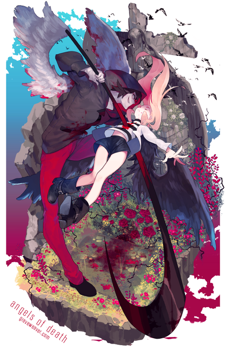graveweaver, 1boy, 1girl, angels of death, black cloak, black hair, black shorts, black wings, blood, blood from mouth, blood on clothes, blood on face, bloody weapon, bloody wings, border, catching, chrysanthemum, cloak, closed eyes, evil grin, evil smile, falling, feathered wings, field, flower, flower field, full body, grin, hair flowing over, holding, holding scythe, hood, hood up, impaled, knees together feet apart, midriff, one eye covered, ornate border, outdoors, outstretched arms, pink hair, ray (angels of death), rose, scythe, shirt, short hair, shorts, simple bird, smile, striped clothes, striped shirt, too many flowers, weapon, white wings, wind, wings, zack (angels of death)