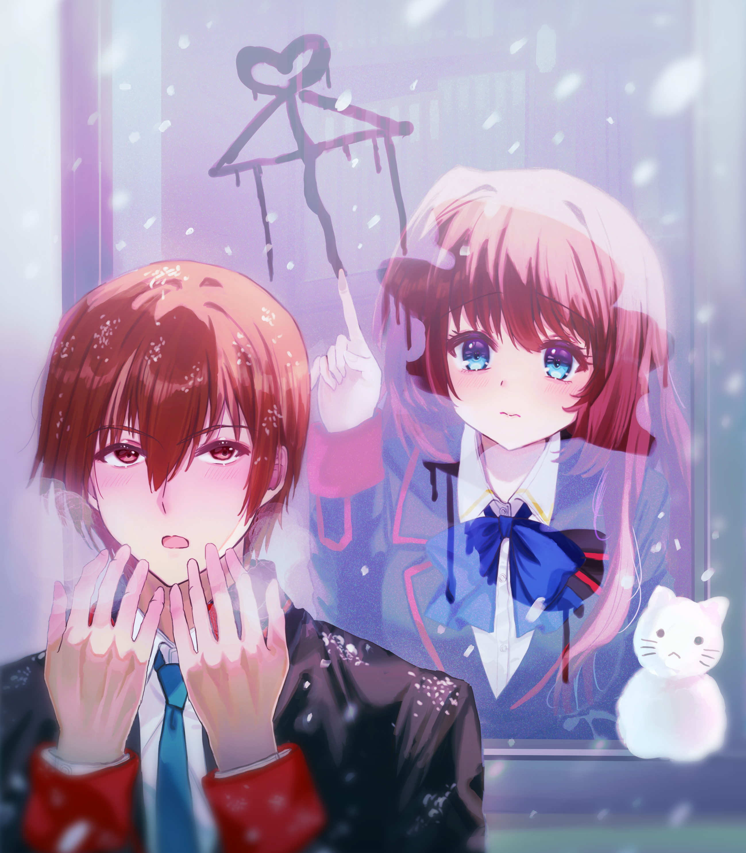 miiizuno lbs, a-chan (little busters!), natsume kyousuke, little busters!, absurdres, commentary request, highres, 1boy, 1girl, 3:, ai ai gasa, animal print, black jacket, blazer, blue bow, blue bowtie, blue eyes, blue necktie, blush, bow, bowtie, breath, brown hair, cat print, closed mouth, collared shirt, eyelashes, hair between eyes, hair intakes, hand up, hands up, heart, hetero, index finger raised, indoors, jacket, little busters! school uniform, long hair, long sleeves, looking at another, looking up, mini snowman, necktie, open mouth, outdoors, school uniform, shirt, short hair, sidelocks, smudge, snow, snowing, snowman, upper body, upturned eyes, very long hair, white shirt, window, winter