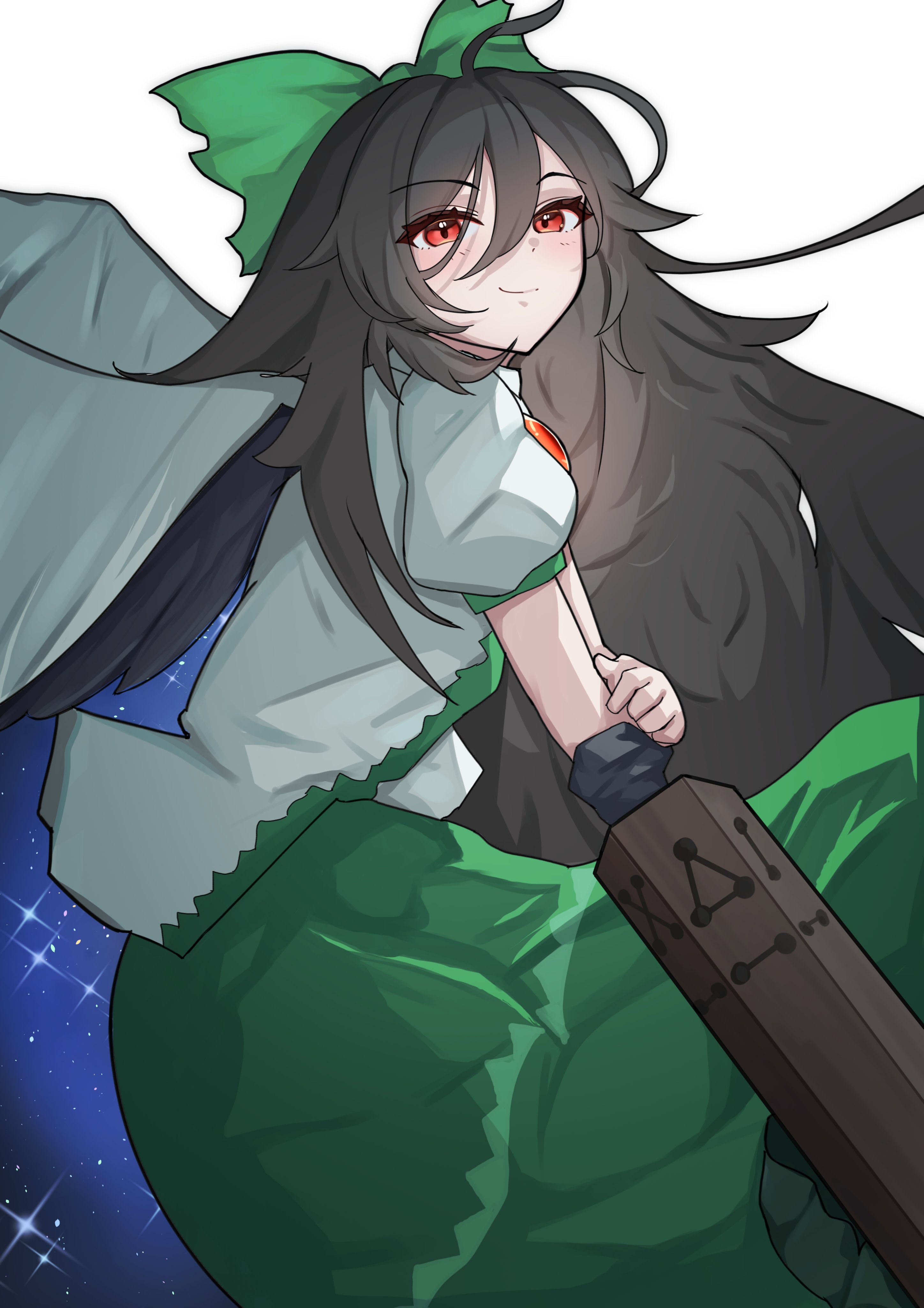 reiuji utsuho, touhou, absurdres, highres, 1girl, bird wings, black hair, black wings, blush, bow, breasts, brown hair, control rod (touhou), green bow, green skirt, hair bow, holding, holding hands, holding weapon, long hair, red eyes, shirt, skirt, smile, solo, starry sky print, suzukiairi0001, third eye, third eye on chest, weapon, wings