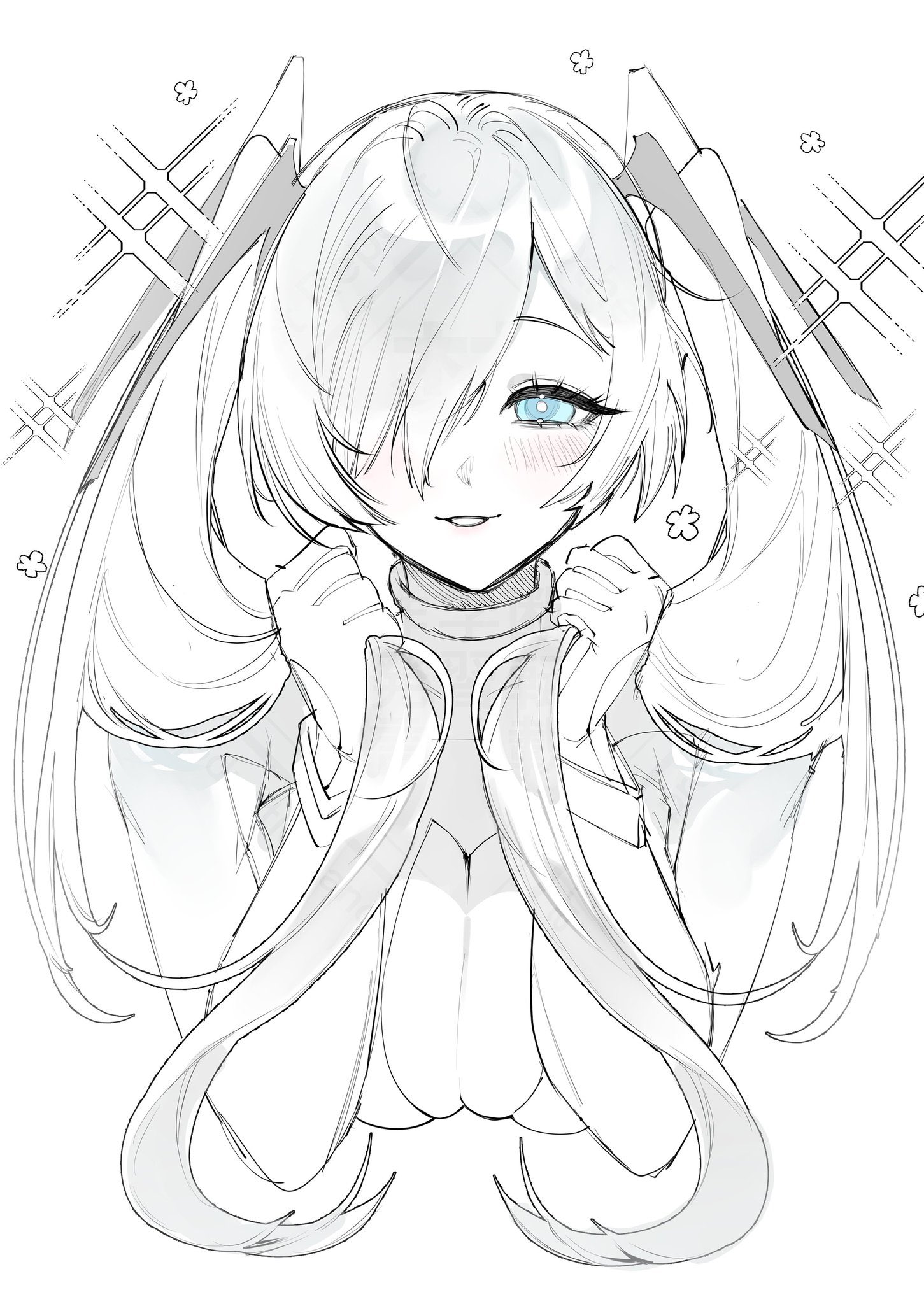shishamo 712, cinderella (nikke), goddess of victory: nikke, commentary, highres, 1girl, blue eyes, blush, bodysuit, breasts, cleavage, cropped torso, greyscale, hair over one eye, holding, holding own hair, large breasts, long hair, looking at viewer, monochrome, parted lips, simple background, smile, solo, sparkle, spot color, twintails, upper body, white background