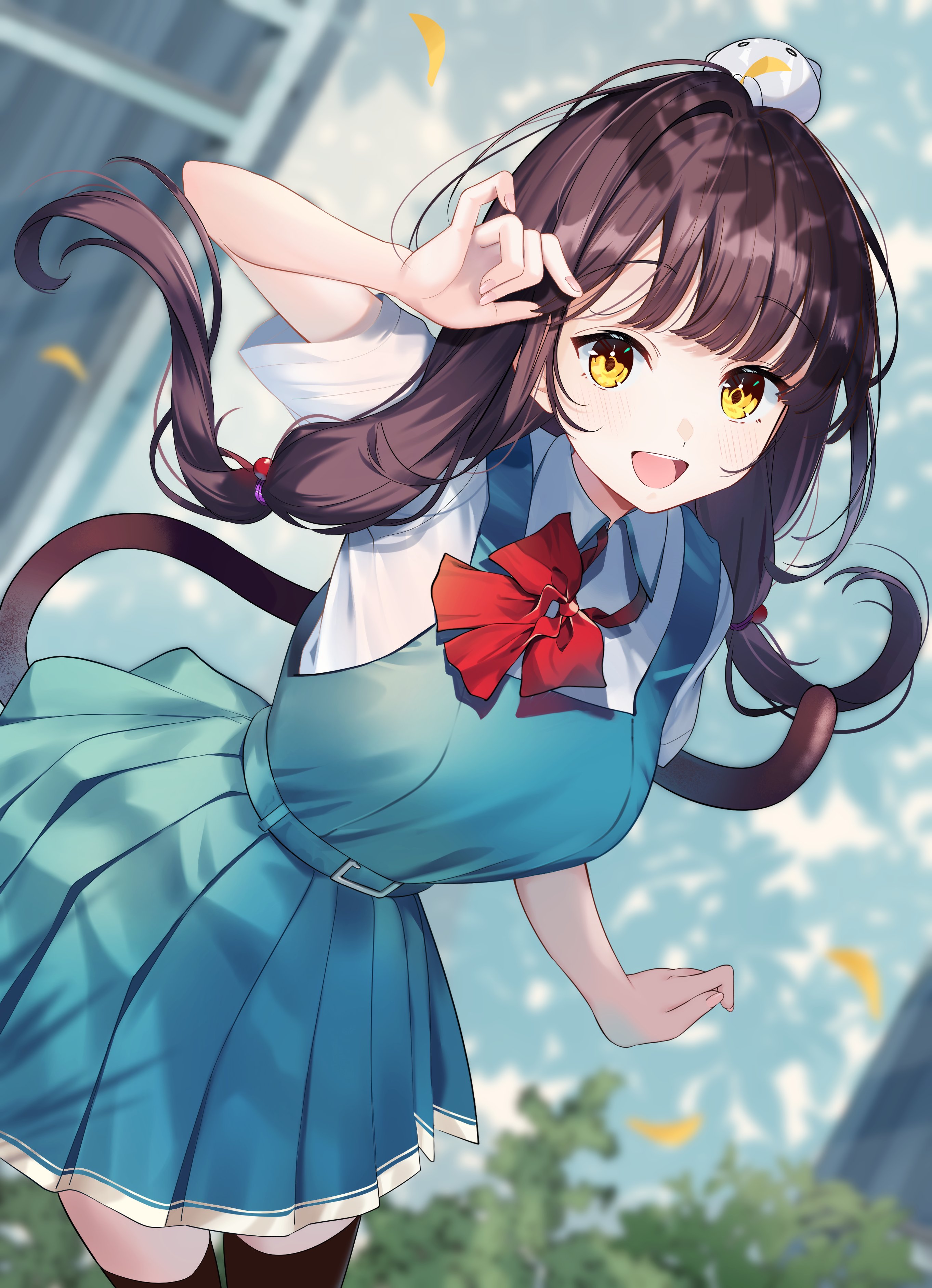 chroemaguro, original, absurdres, highres, 1girl, animal, animal on head, bird, bird on head, black hair, black thighhighs, blue dress, bow, bowtie, collared shirt, dress, dress shirt, dutch angle, long hair, low-tied long hair, on head, pinafore dress, red bow, red bowtie, school uniform, shirt, sleeveless, sleeveless dress, smile, solo, thighhighs, white shirt, yellow eyes