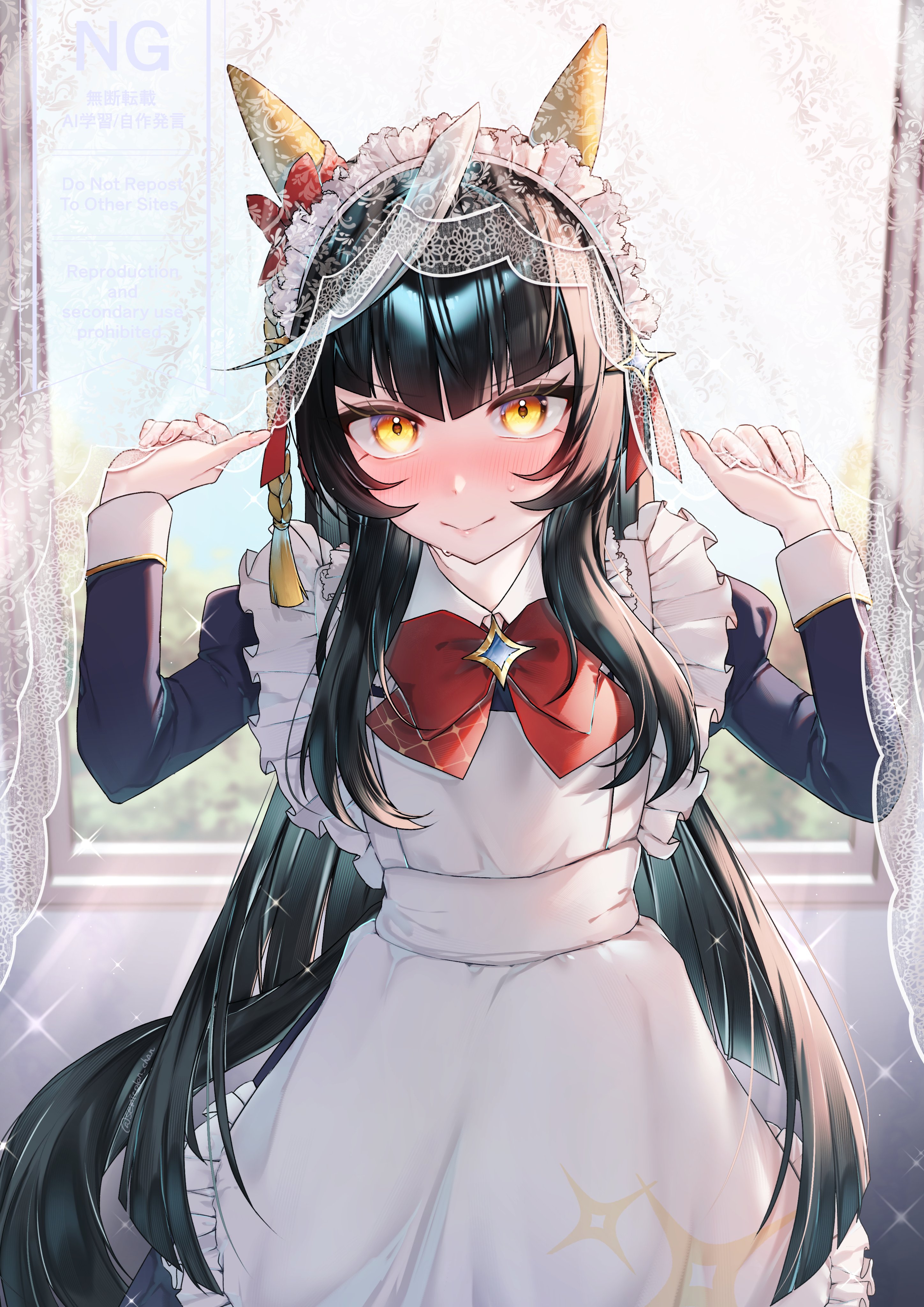 semicolon chan, calstone light o (umamusume), umamusume, absurdres, highres, 1girl, animal ears, apron, black dress, blunt bangs, blush, bow, bowtie, closed mouth, dress, ear covers, horse ears, horse girl, horse tail, long hair, long sleeves, looking at viewer, maid headdress, multicolored hair, red bow, red bowtie, smile, solo, sweatdrop, tail, veil, very long hair, watermark, white apron, white hair, white veil, yellow eyes