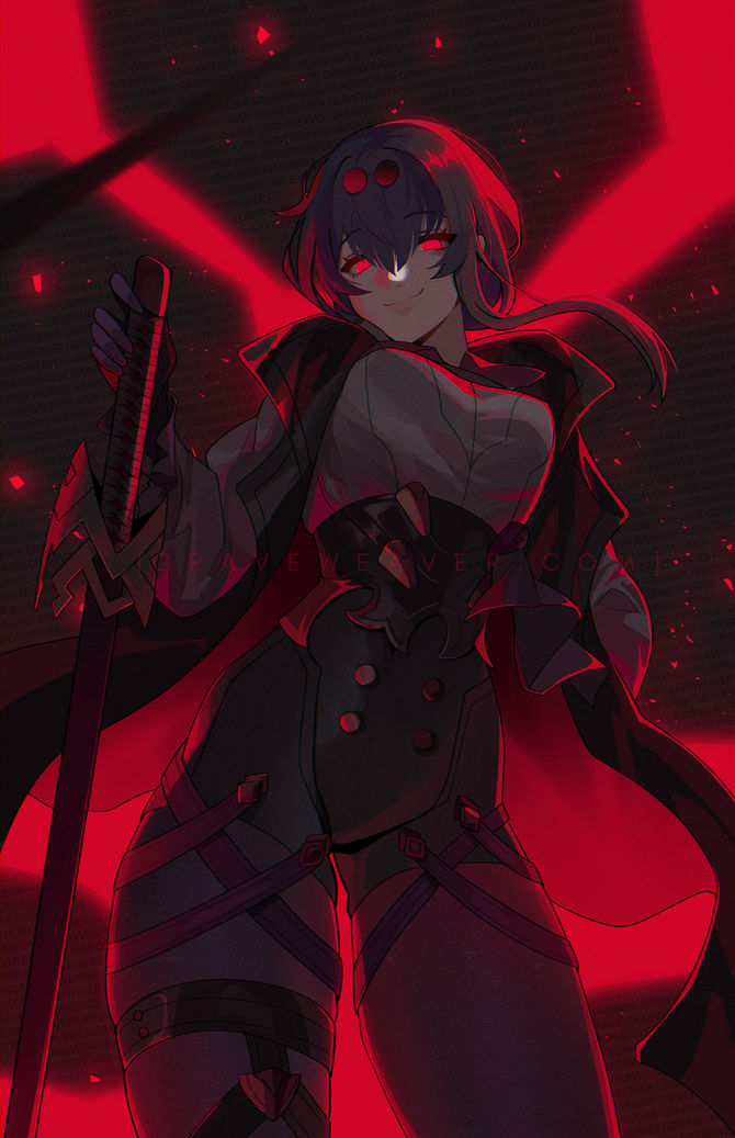graveweaver, kafka (honkai: star rail), honkai: star rail, honkai (series), 1girl, belt, black hair, breasts, coat, contrapposto, cowboy shot, dark, empty eyes, glowing, glowing eyes, hair between eyes, holding, holding sheath, light particles, long sidelocks, looking at viewer, open clothes, open coat, popped collar, red coat, red eyes, red theme, scabbard, sheath, shirt, sidelocks, smile, solo, white shirt