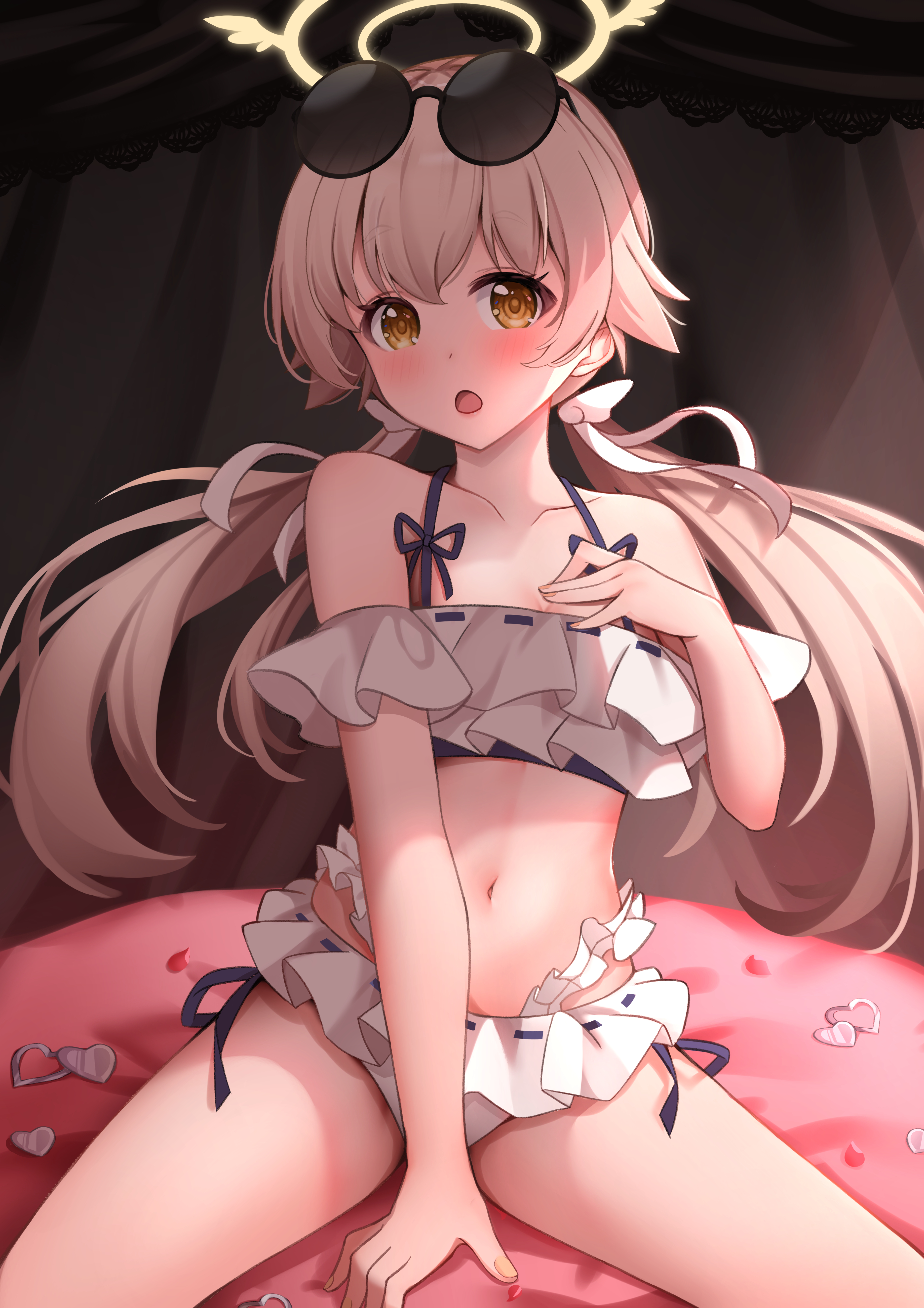 daoyan, hifumi (blue archive), hifumi (swimsuit) (blue archive), blue archive, absurdres, commentary, highres, :o, bare shoulders, between legs, bikini, blush, brown hair, collarbone, eyewear on head, fingernails, floating hair, flower, frilled bikini, frills, hair ornament, hair ribbon, halo, halterneck, hand between legs, hand up, heart, indoors, long hair, looking at viewer, low twintails, navel, off-shoulder bikini, off shoulder, official alternate costume, on bed, open mouth, petals, ribbon, ribbon-trimmed bikini, ribbon trim, round eyewear, sidelighting, spread legs, stomach, sunflower, swimsuit, tareme, twintails, very long hair, white bikini, white ribbon, wing hair ornament, winged halo, yellow eyes, yellow halo