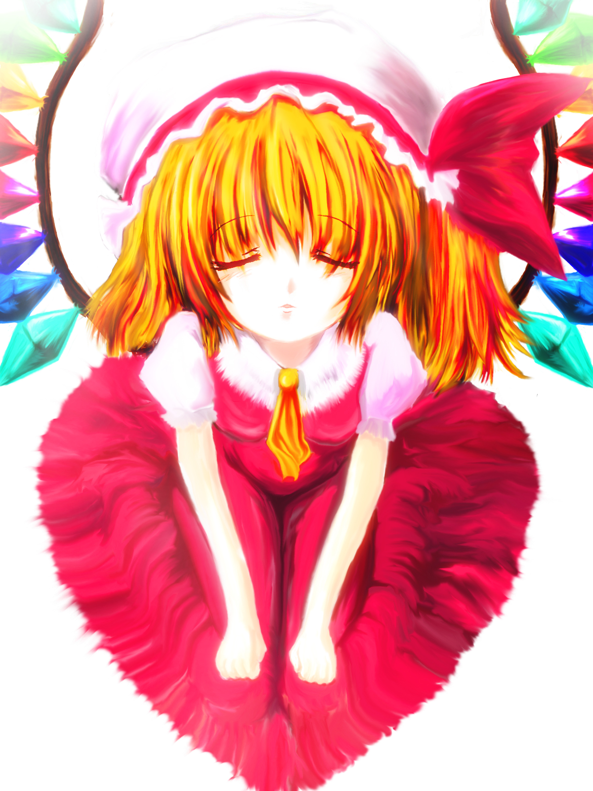 rasha, flandre scarlet, touhou, highres, 1girl, blonde hair, closed eyes, female focus, hair between eyes, hat, incoming kiss, short hair, solo, white background, white hat, wings