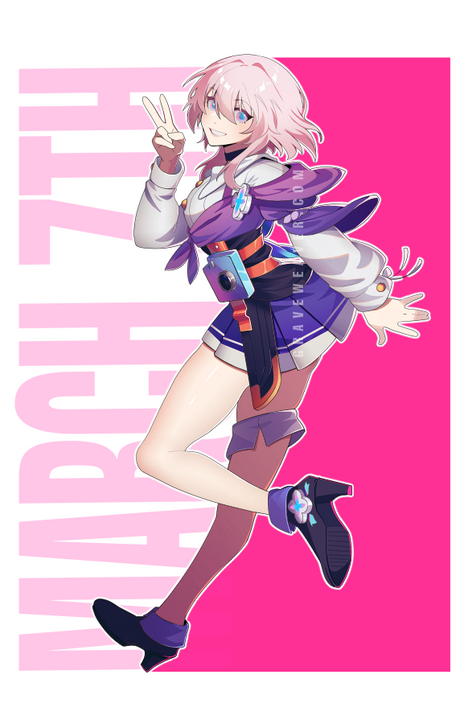 graveweaver, march 7th (honkai: star rail), honkai: star rail, honkai (series), 1girl, :d, blue eyes, character name, corset, full body, grin, hair between eyes, hair over shoulder, high heels, jacket, jacket partially removed, jewelry, long sidelocks, looking at viewer, open mouth, outline, pink hair, shirt, sidelocks, smile, solo, standing, standing on one leg, thighlet, two-tone skirt, v, white outline, white shirt